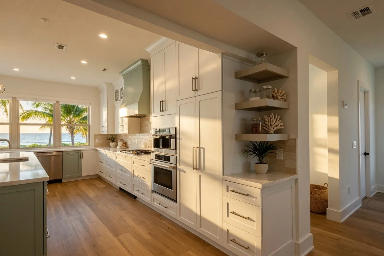 Bright kitchen with white cabinetry, wooden flooring, and a view of palm trees and the ocean through the window.