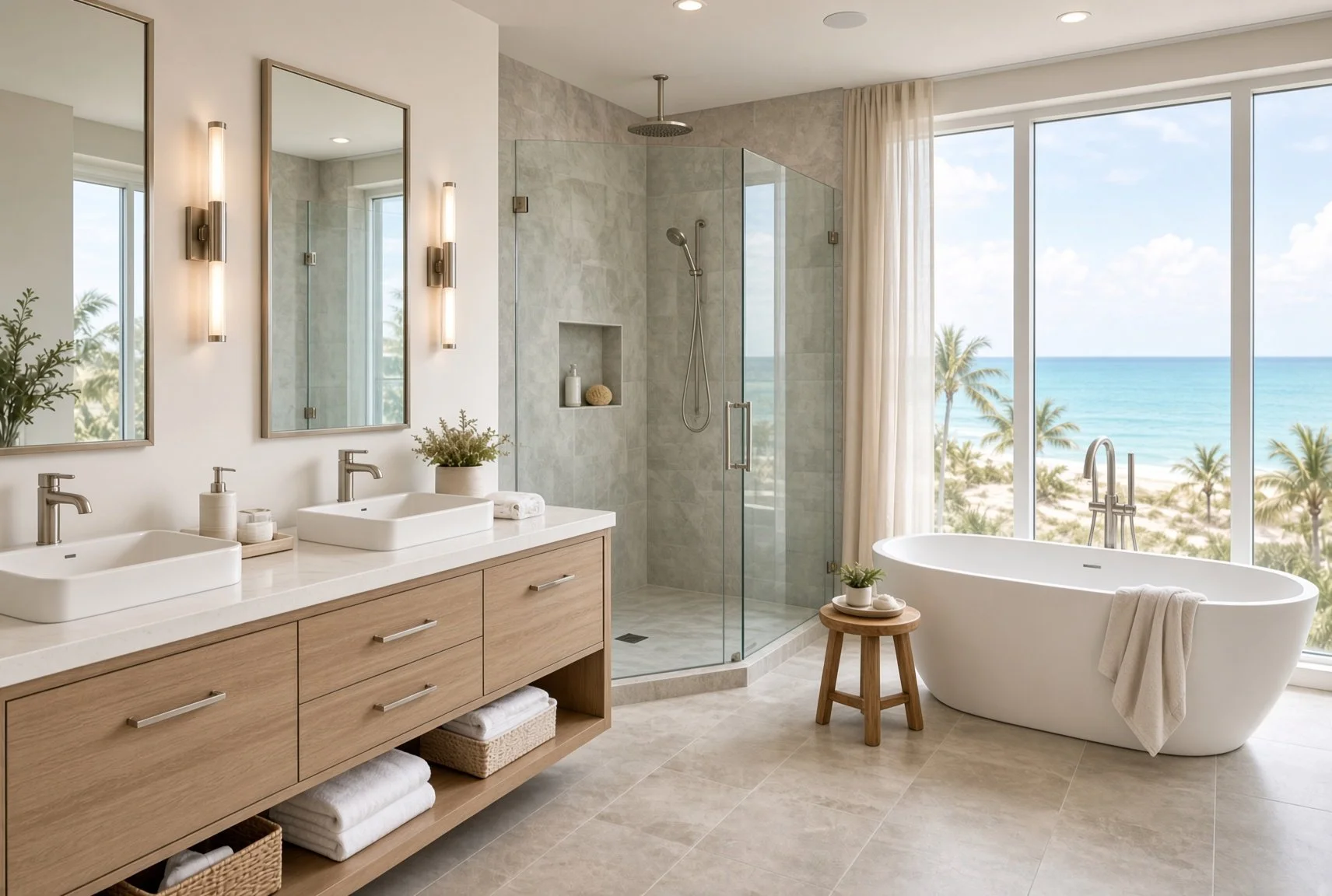 Modern bathroom with double vanity sinks, a glass-enclosed shower, a freestanding bathtub, large windows overlooking a beach, and neutral-toned decor.