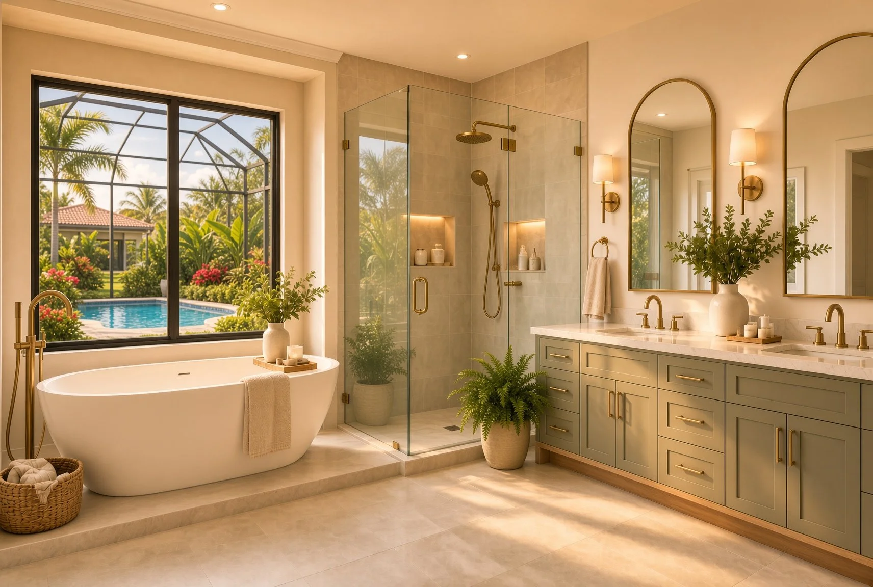 A luxurious bathroom with a freestanding bathtub by a large window overlooking a backyard with a pool and palm trees. The bathroom features a double vanity with green cabinetry, gold fixtures, and large mirrors. There is a walk-in glass shower with built-in shelving and natural lighting, along with potted plants and decor creating a calming atmosphere.