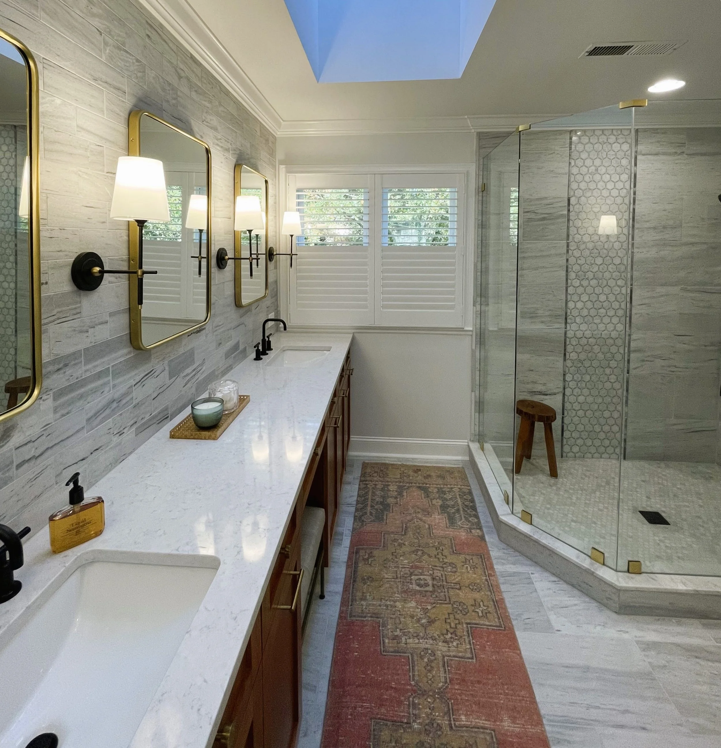 custom split tilt hardwood plantation shutters for luxury bathroom in Charlotte, NC home