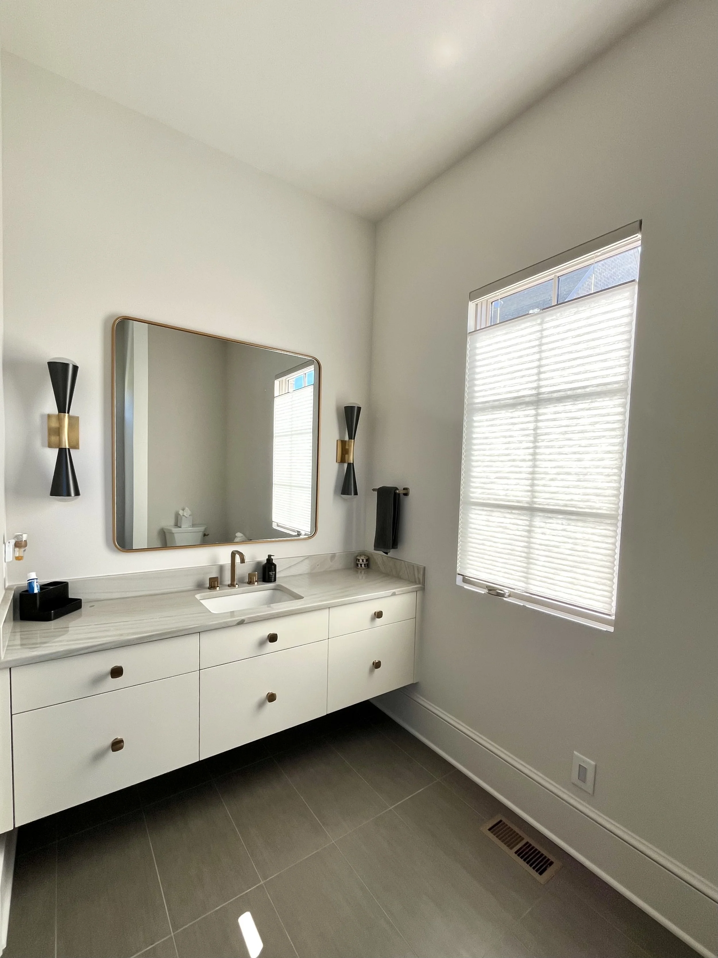 custom top down bottom up cellular shades for luxury bathroom in Cornelius, NC home. energy efficient
