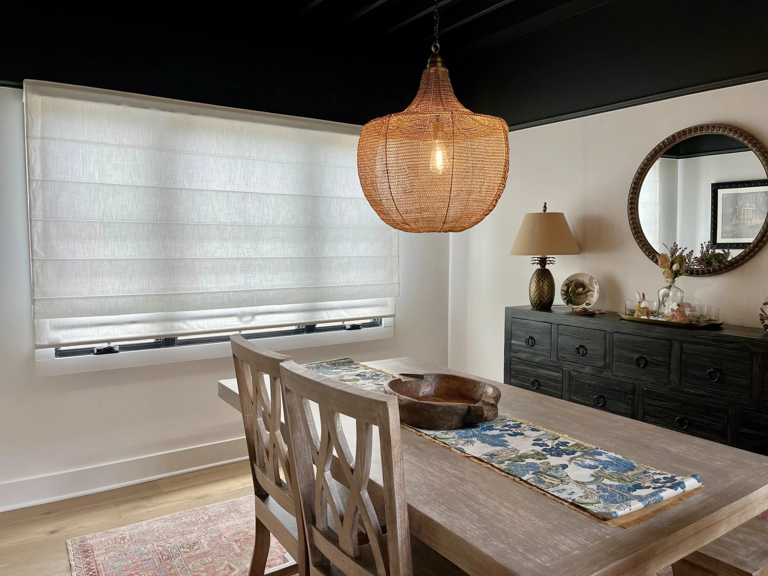 custom light filtering roman shades for formal dining room in Charlotte, NC home