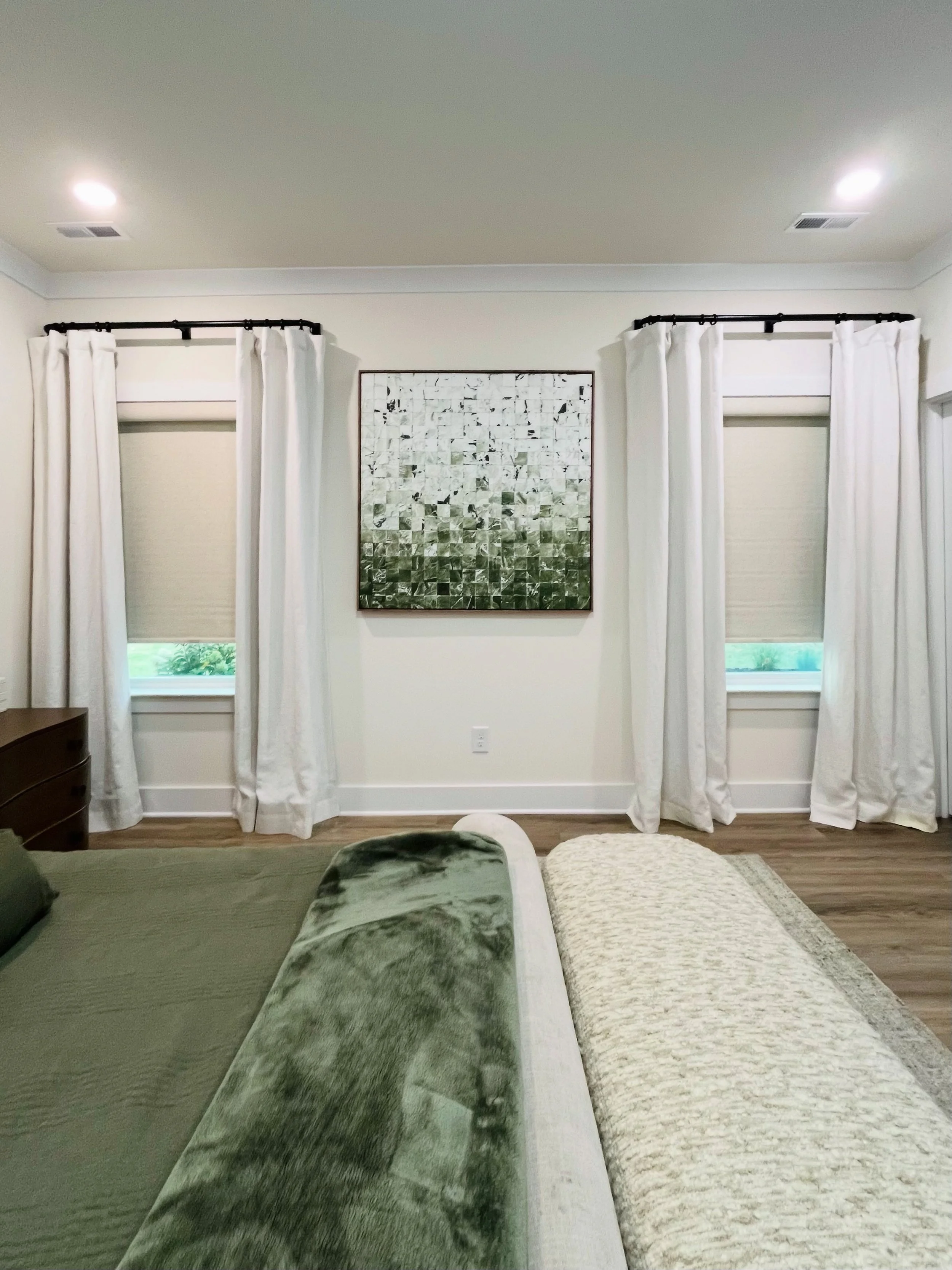 Room darkening roller shades in master bedroom for Waxhaw, NC home