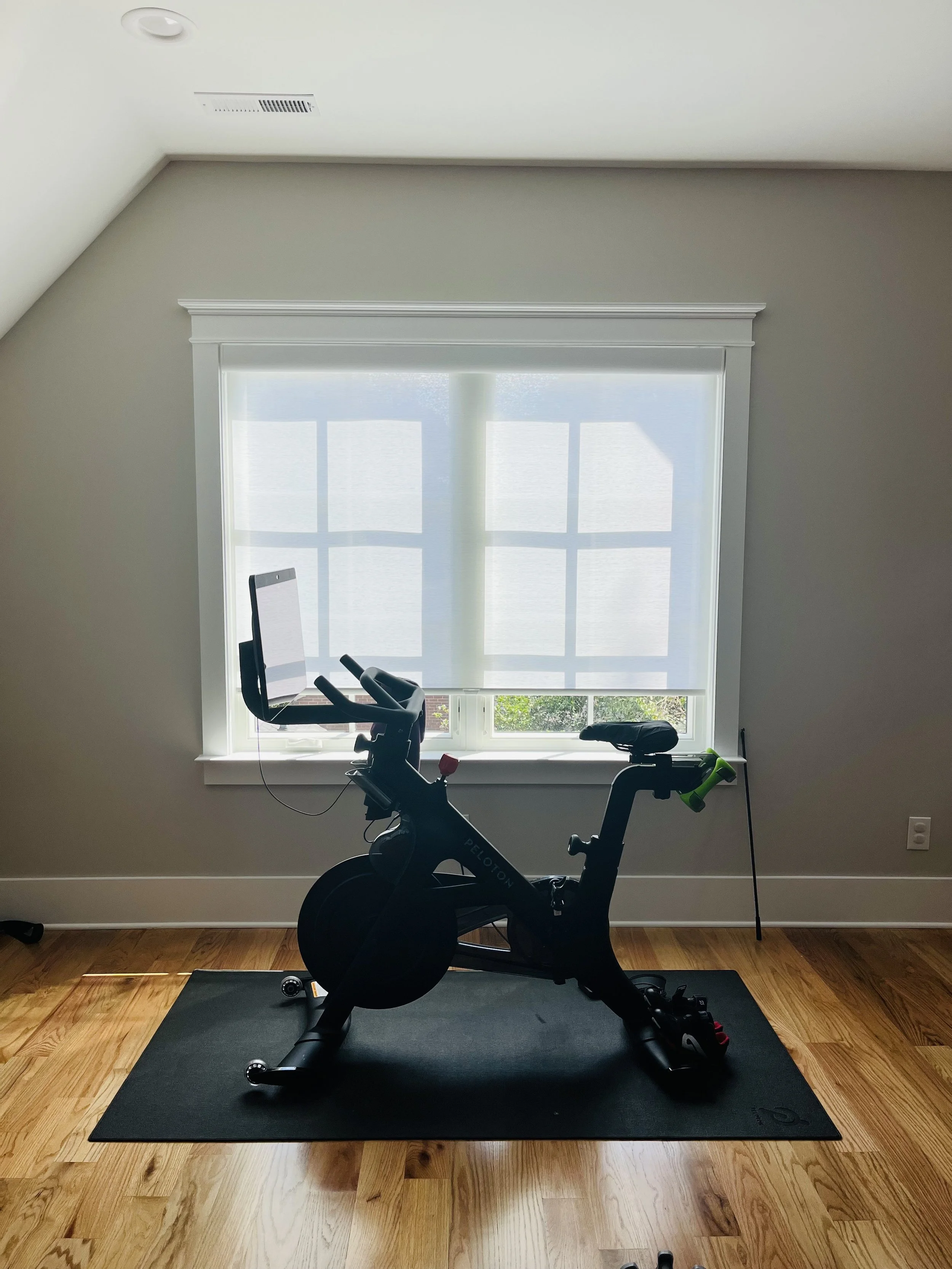 custom light filtering roller shades for home gym in Charlotte, NC home