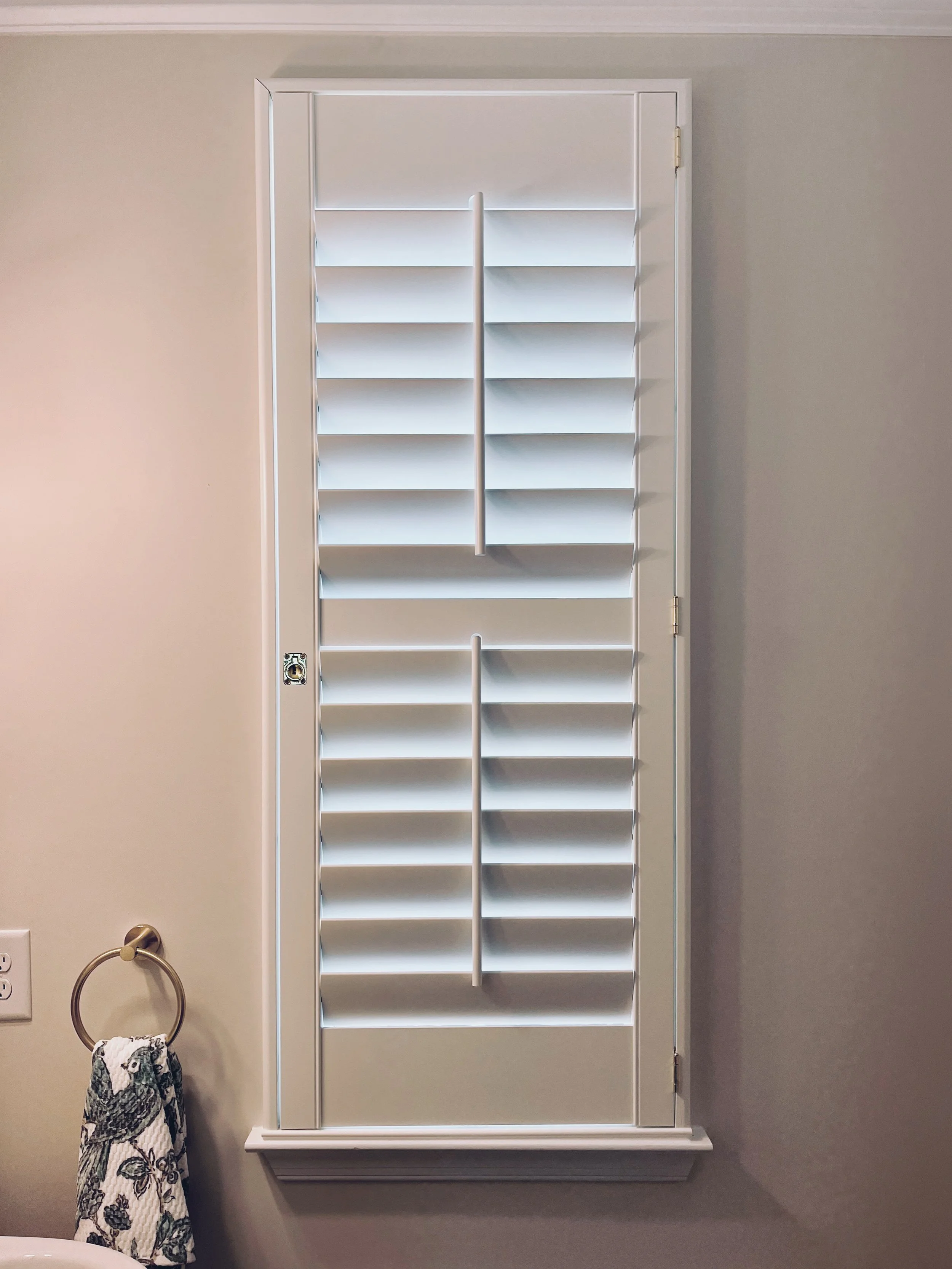 custom split tilt plantation shutters for bathroom in Lake Wyle NC home