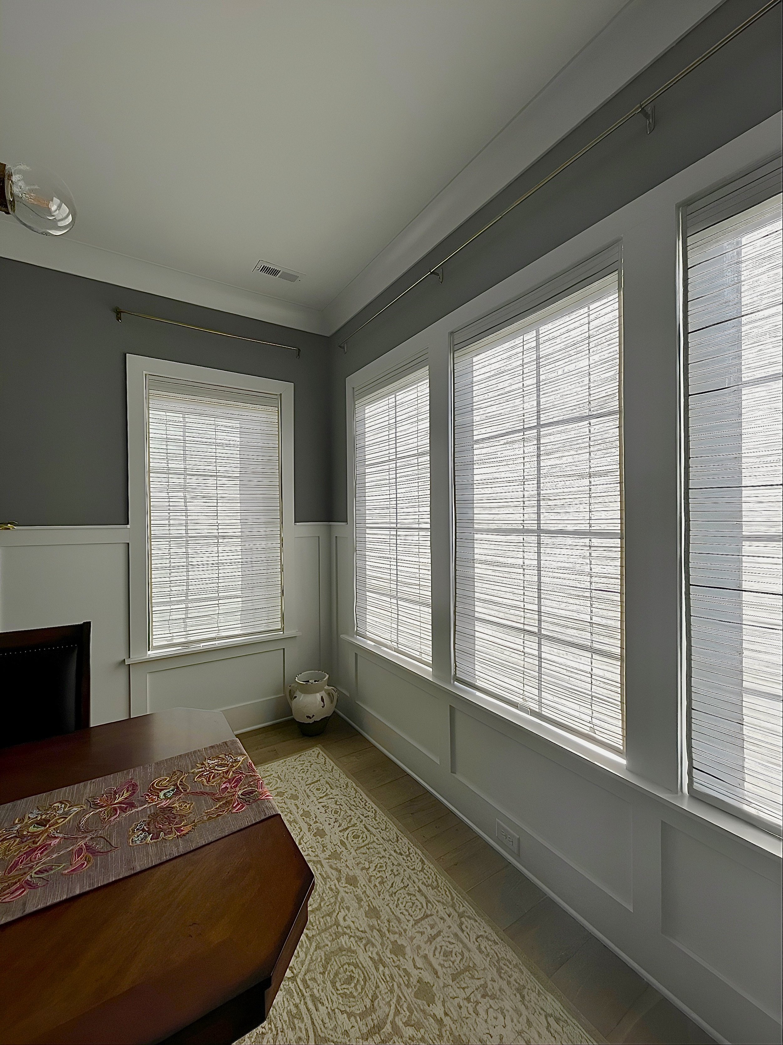 custom natural roman shades for formal dining room in Huntersville, NC home
