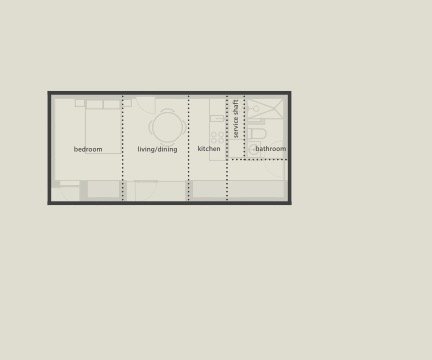 [ Base Model ]  
The space-efficient Studio Base Model includes all basic elements of a fully accessible ADU, Open Plan Kitchen, Living/Dining and Bedroom with a separate Bathroom and dedicated Laundry. 

