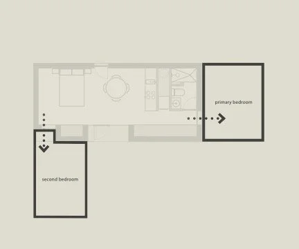 [ Expansion ]
A Studio (370 sf) can later be developed into a 1-Bedroom (513 sf) and then 2-Bedroom ADU Unit (643 sf), with no structural demolition work by means of strategic placement of openings. 
