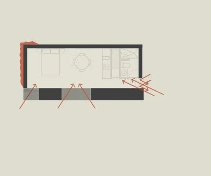 [ Reaction to the Sun ]
The thickening of the southern wall through the placement of utilitarian functions allows for the creation of glazed openings to occur within a carefully calculated overhang. This overhang strategically shades the south facing