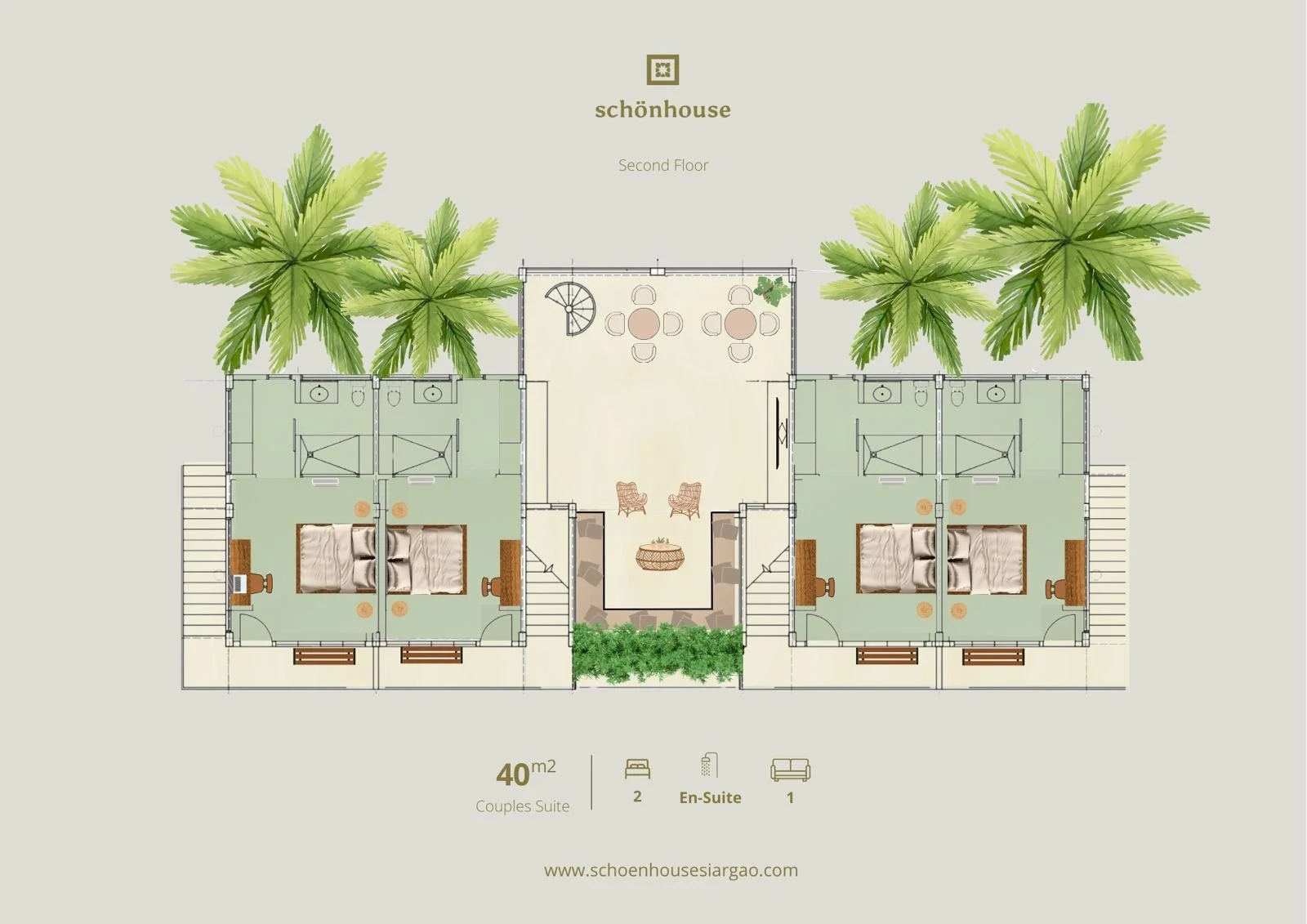 Floor plan of a second floor suite in Schönhouse, featuring two identical bedrooms with en-suite bathrooms, a central lounge area, dining space, and surrounding palm trees. The suite is 40 square meters, designed for couples, with two beds and one en-suite. Website link included at the bottom.