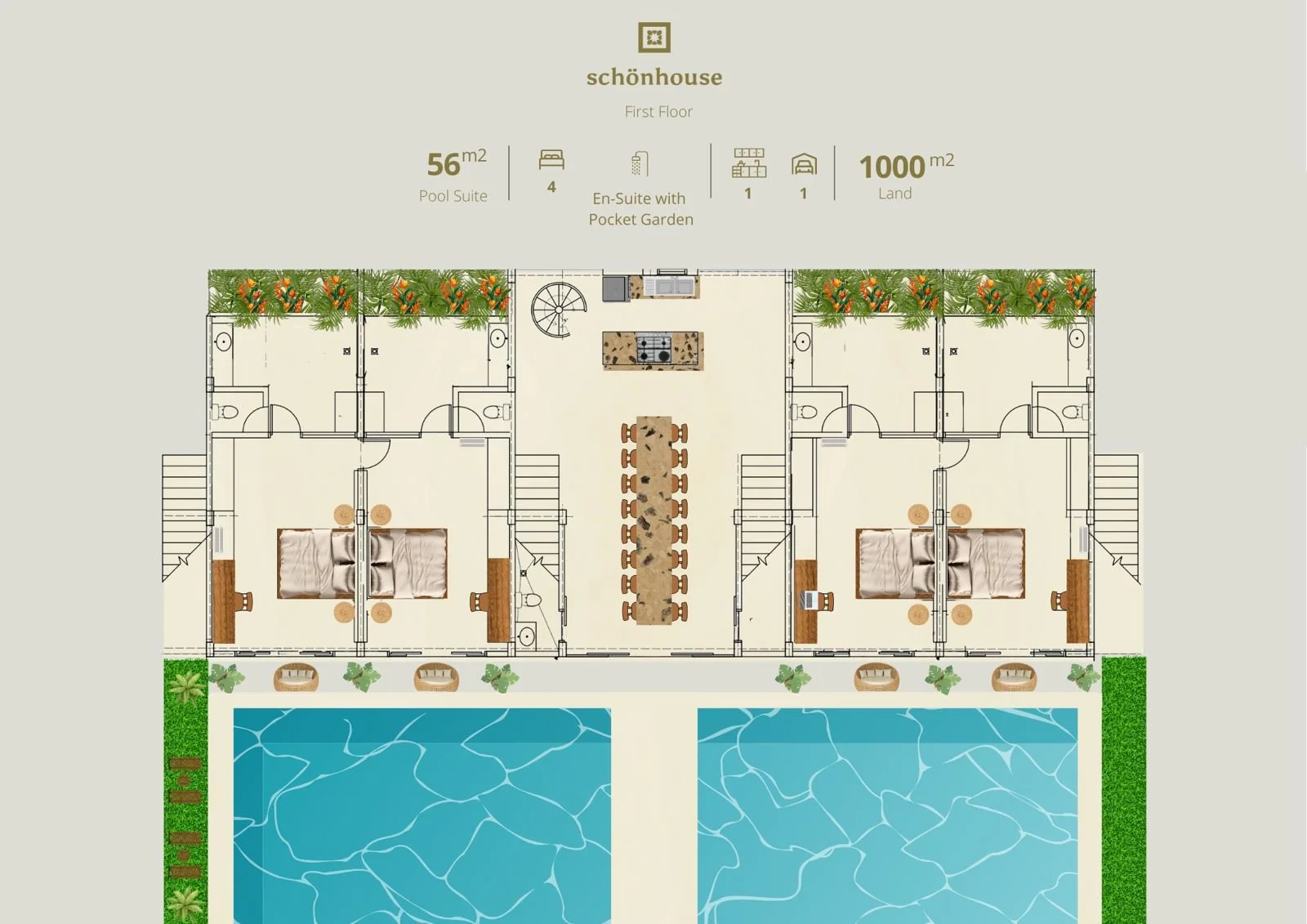 Floor plan of a first-floor pool suite with two swimming pools, bedrooms, bathrooms, and a central kitchen and dining area, surrounded by greenery.