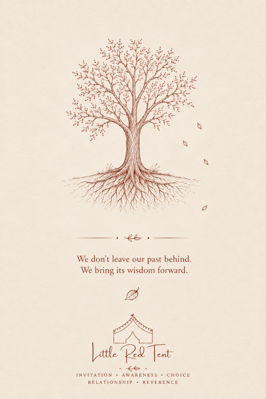 Fine botanical ink illustration of a mature tree with exposed roots on a textured cream background, representing growth, resilience and the journey of becoming.