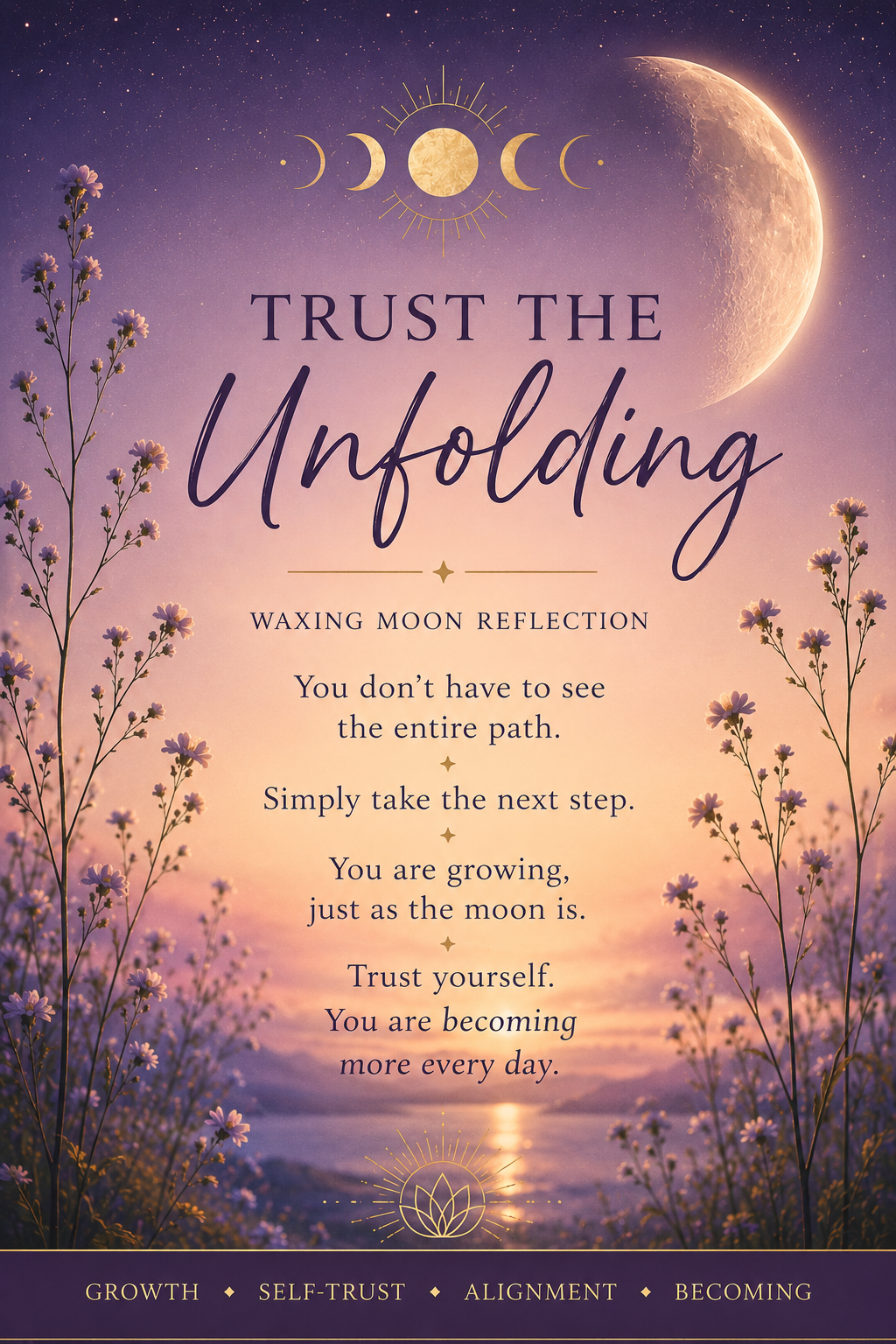 Dreamy Waxing Moon inspired graphic featuring a glowing crescent moon over a soft dusky sky with wildflowers in the foreground.  Elegant typography reads 'Trust the Unfolding' alongside reflective self-growth messaging about trusting yourself.
