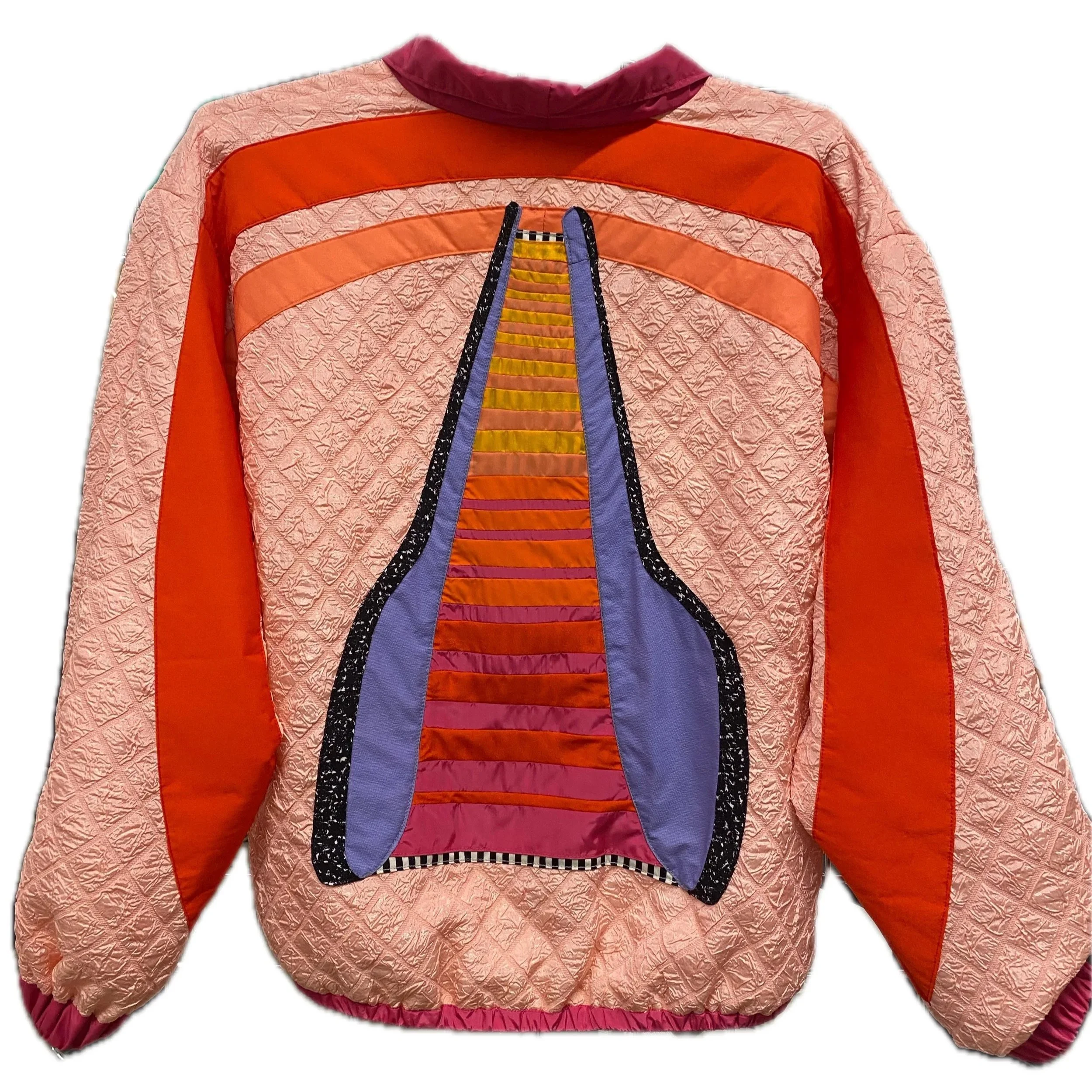 Custom "Mall-walker" Windbreaker for Krista Catwood's appearance on The Kelly Clarkson Show. Appliquéd escalator on the back, ice rink on the front, inspired by the Portland Lloyd Center Mall.