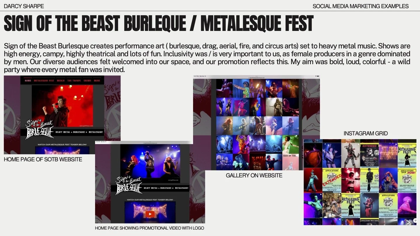 Marketing examples from my time producing SOTB Burlesque shows and Metalesque Fest 2013 - 2020