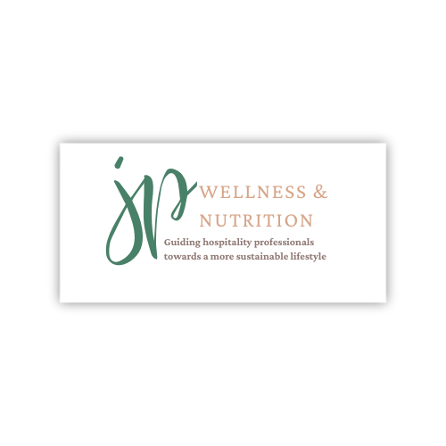 Business card for JP Wellness and Nutrition with a slogan about guiding hospitality professionals toward a sustainable lifestyle.