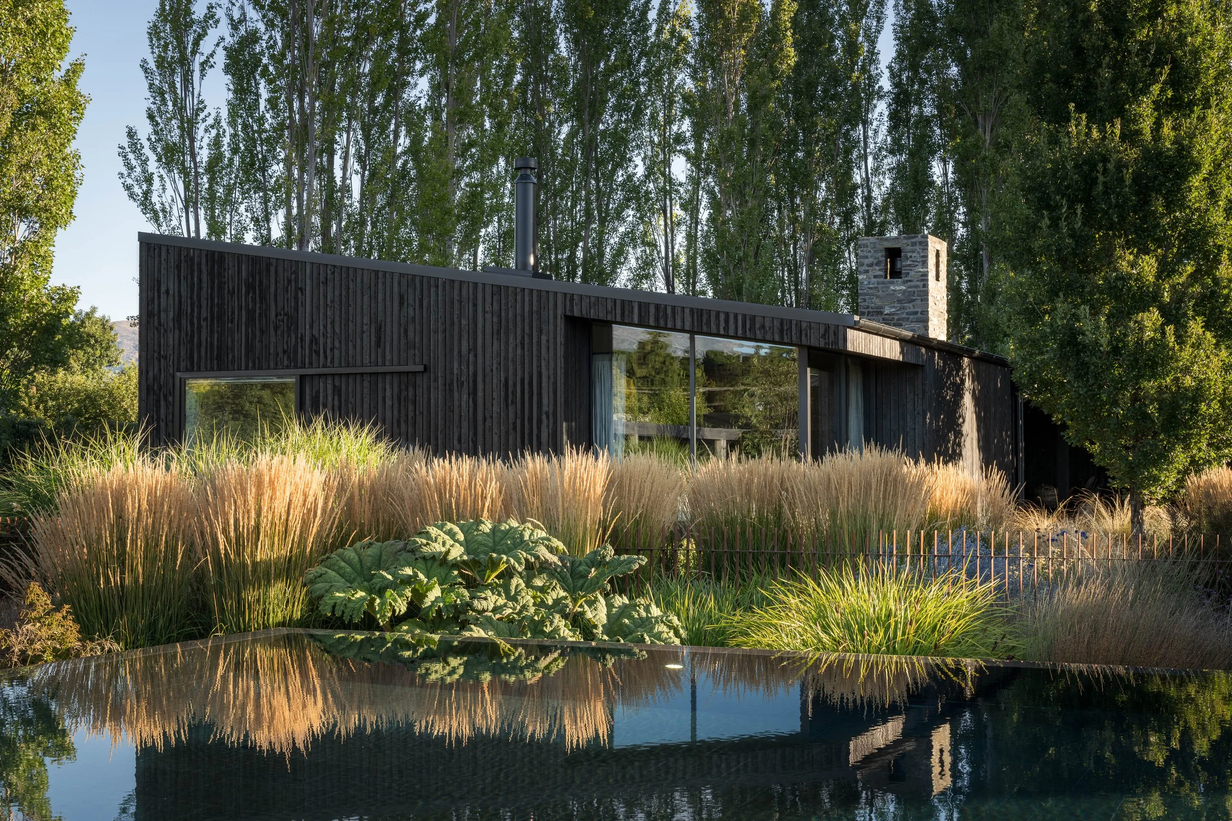 Modern black house surrounded by tall grasses and trees, with a reflecting pool in the foreground, set in a natural landscape.