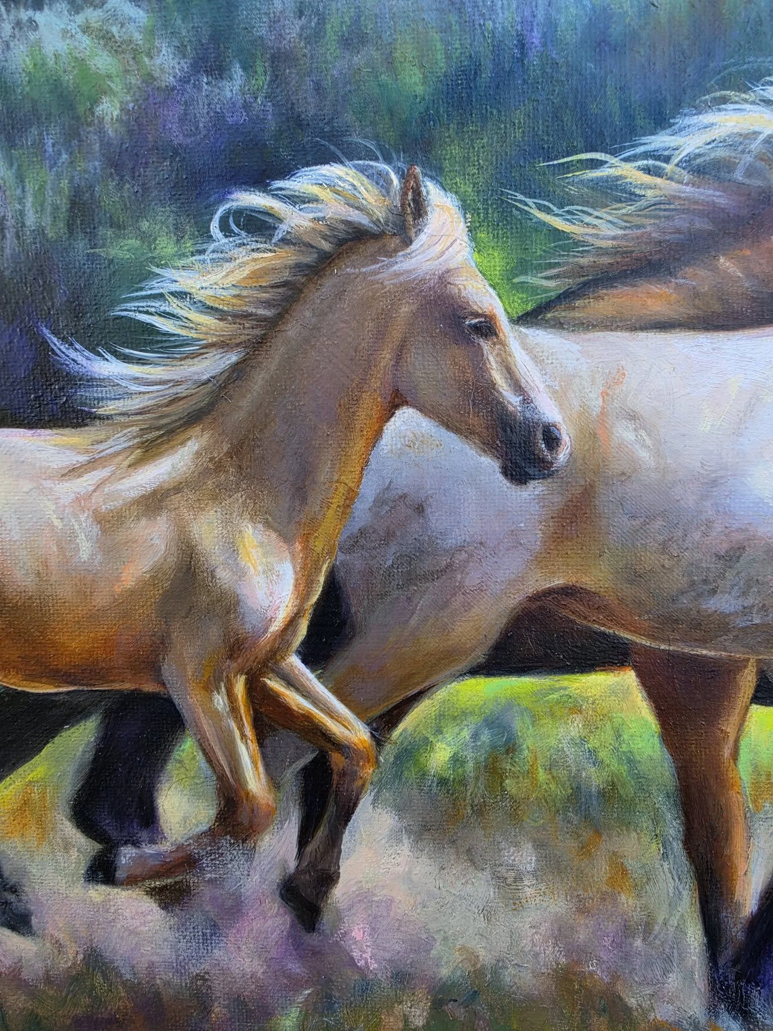 "Catching Up" oil painting by Karen Chatham of wild horses running out of the water.