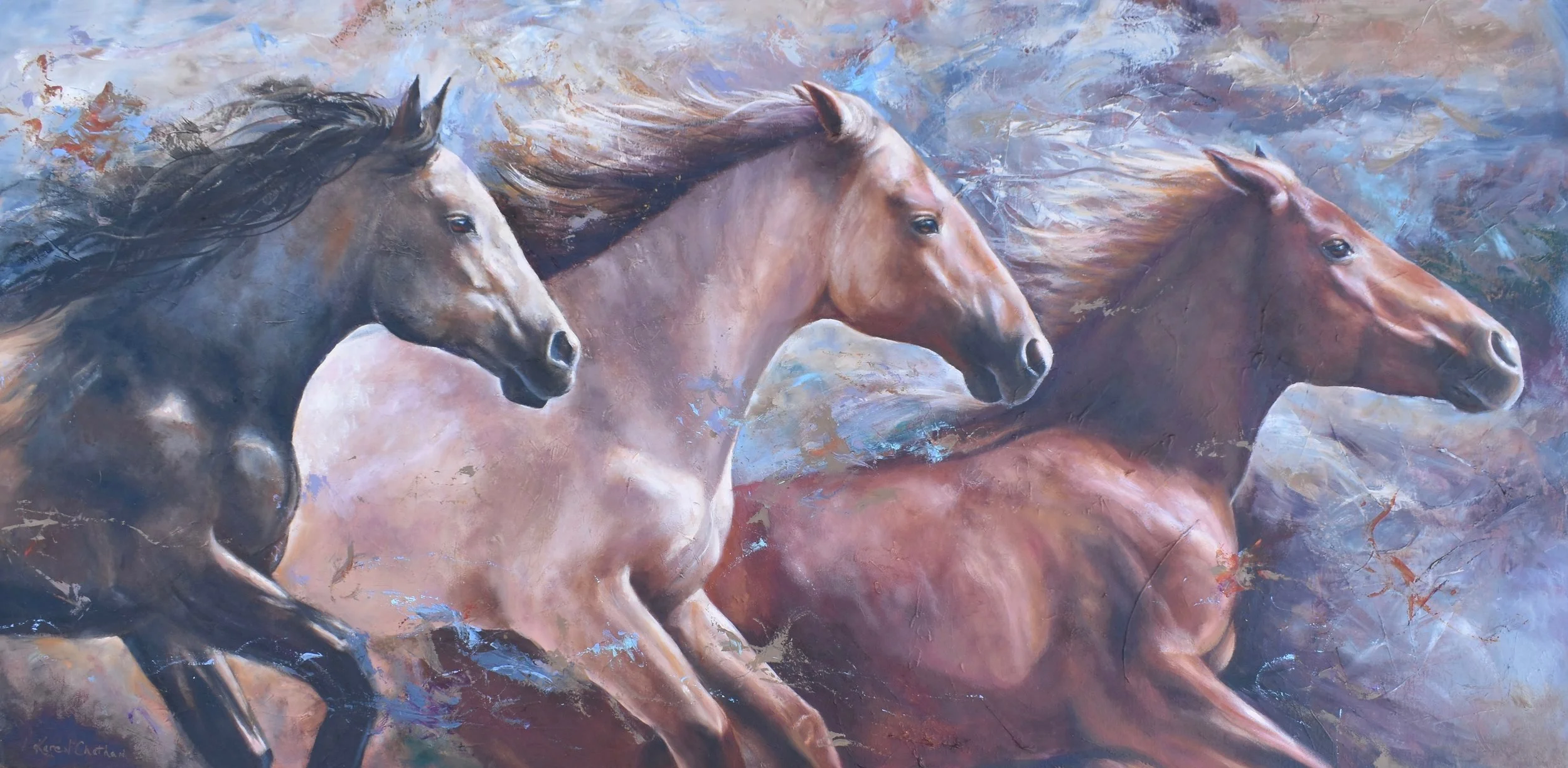 "Tres Vientes", 24x48 oil painting of the wild horses of Wyoming