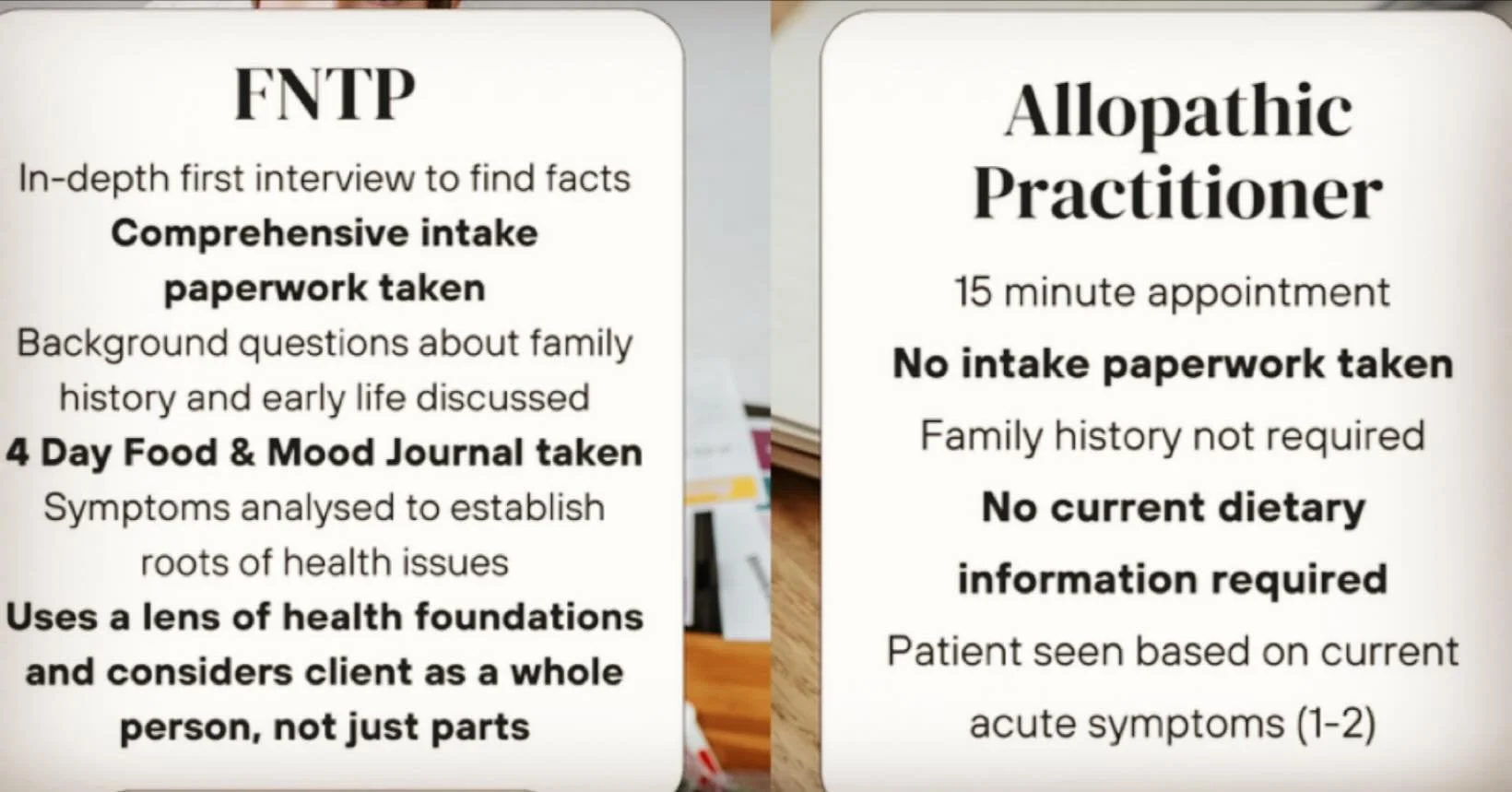 The FNTP Difference

What&rsquo;s the difference between a conventional (allopathic) healthcare practitioner and a Functional Nutritional Therapy Practitioner? 

Not only do FNTP&rsquo;s perform an in-depth health history which explores all aspects a