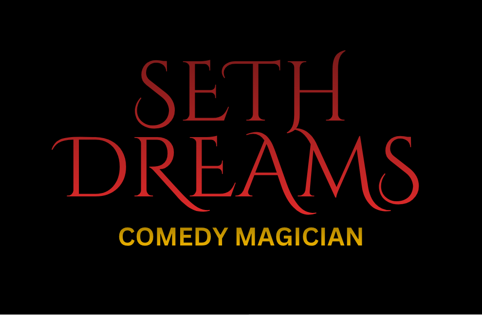 Title card for 'Seth Dreams' comedy magic show, with the subtitle 'COMEDY MAGICIAN' on a black background.