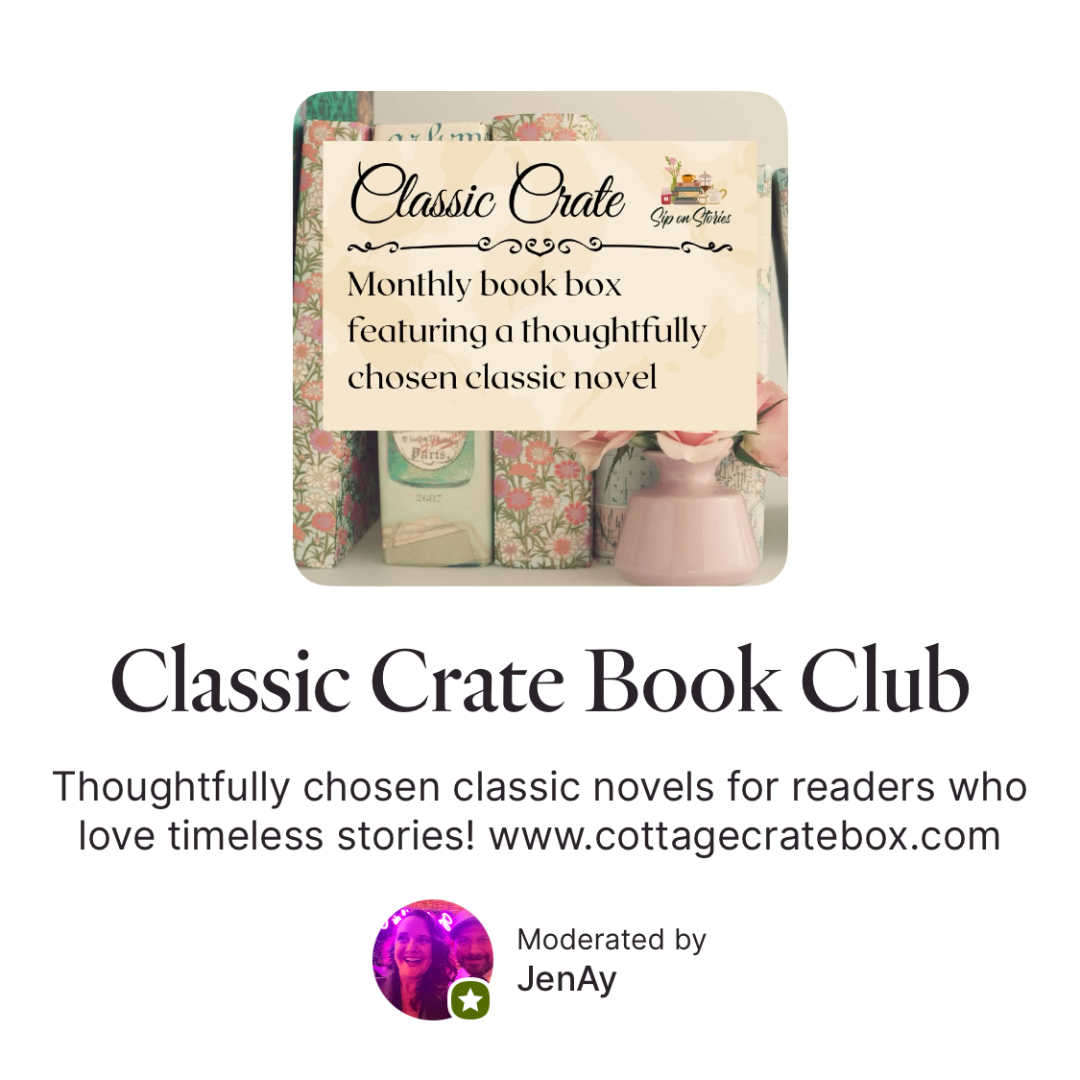 Promotion for the Classic Crate Book Club featuring a monthly box of thoughtfully chosen classic novels, with decorative books and a pink flower vase in the background.