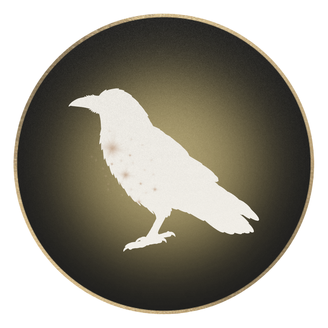 Silhouette of a pale ivory crow on a black circular background with a golden glow.