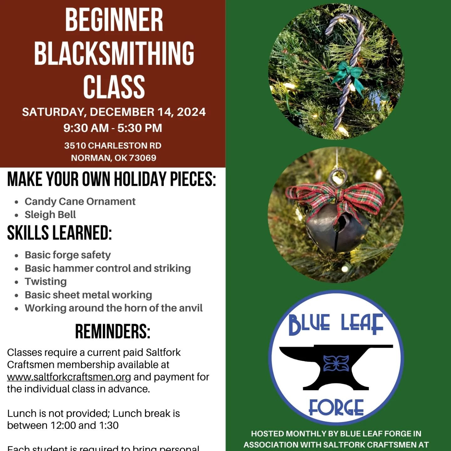 Get ready to hammer out some holiday cheer!

Join our Beginner Blacksmithing Class on December 14th at Chestnut Forge!

Create your own handmade holiday ornaments, including:

Forged sleigh bell
Handcrafted steel candy cane ornament

Limited seats av