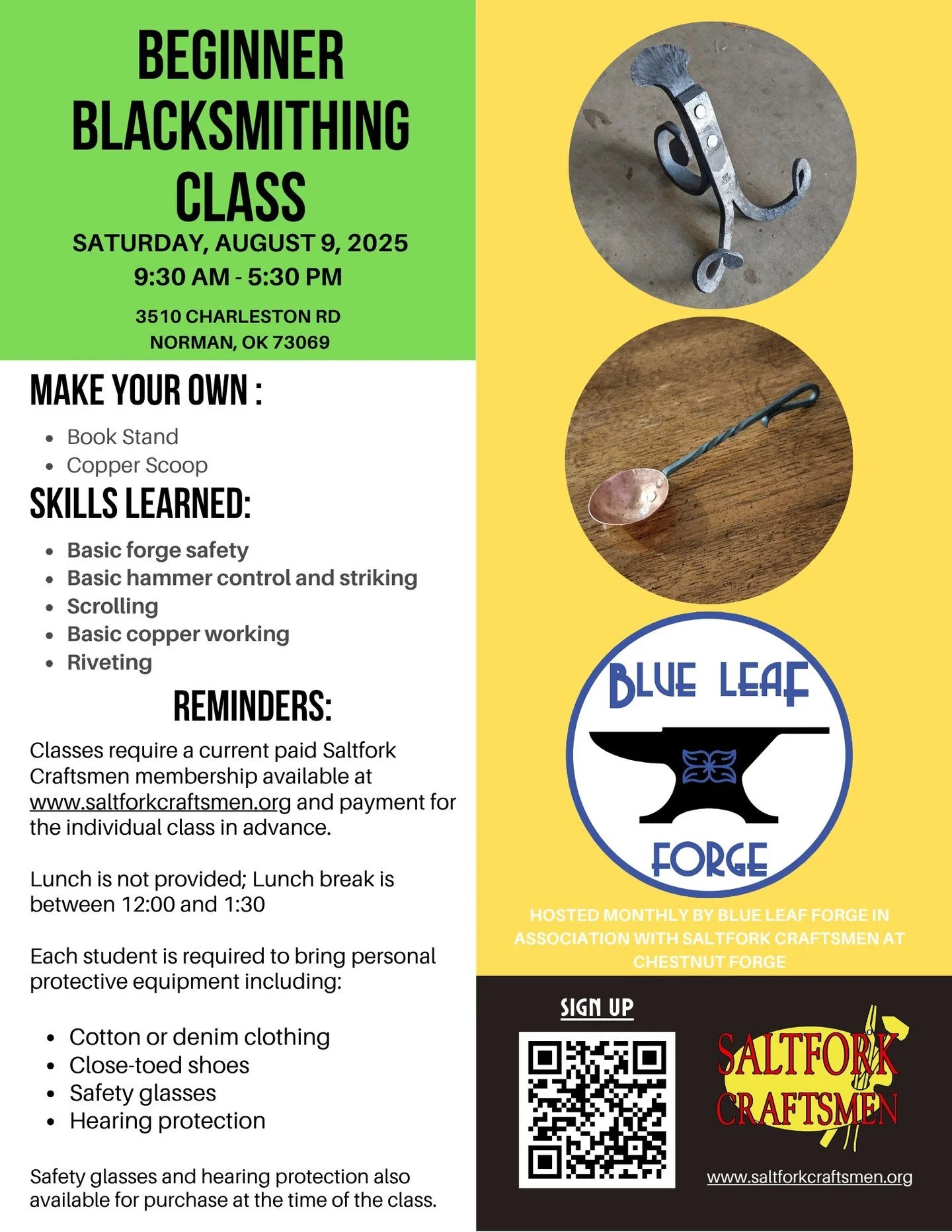 Join our upcoming blacksmithing class, where you'll learn to craft a functional hand-forged book stand and a beautiful copper coffee scoop. You'll learn to rivet steel together and some basic knowledge on working with copper, taking home unique piece