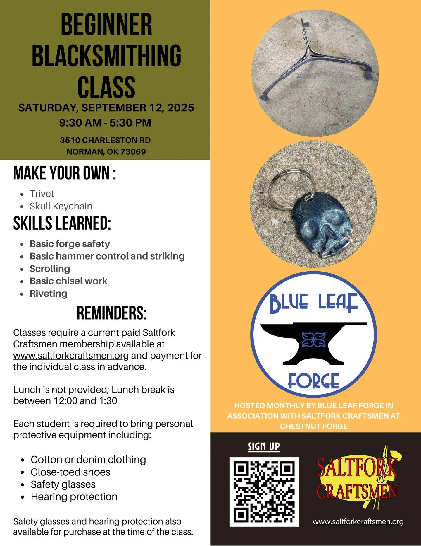 Join our upcoming blacksmithing class, where you'll learn to craft a functional hand-forged trivet and a unique skull keychain made from found metal. You'll learn to rivet steel together and get hands-on with some basic chisel work, taking home cool 