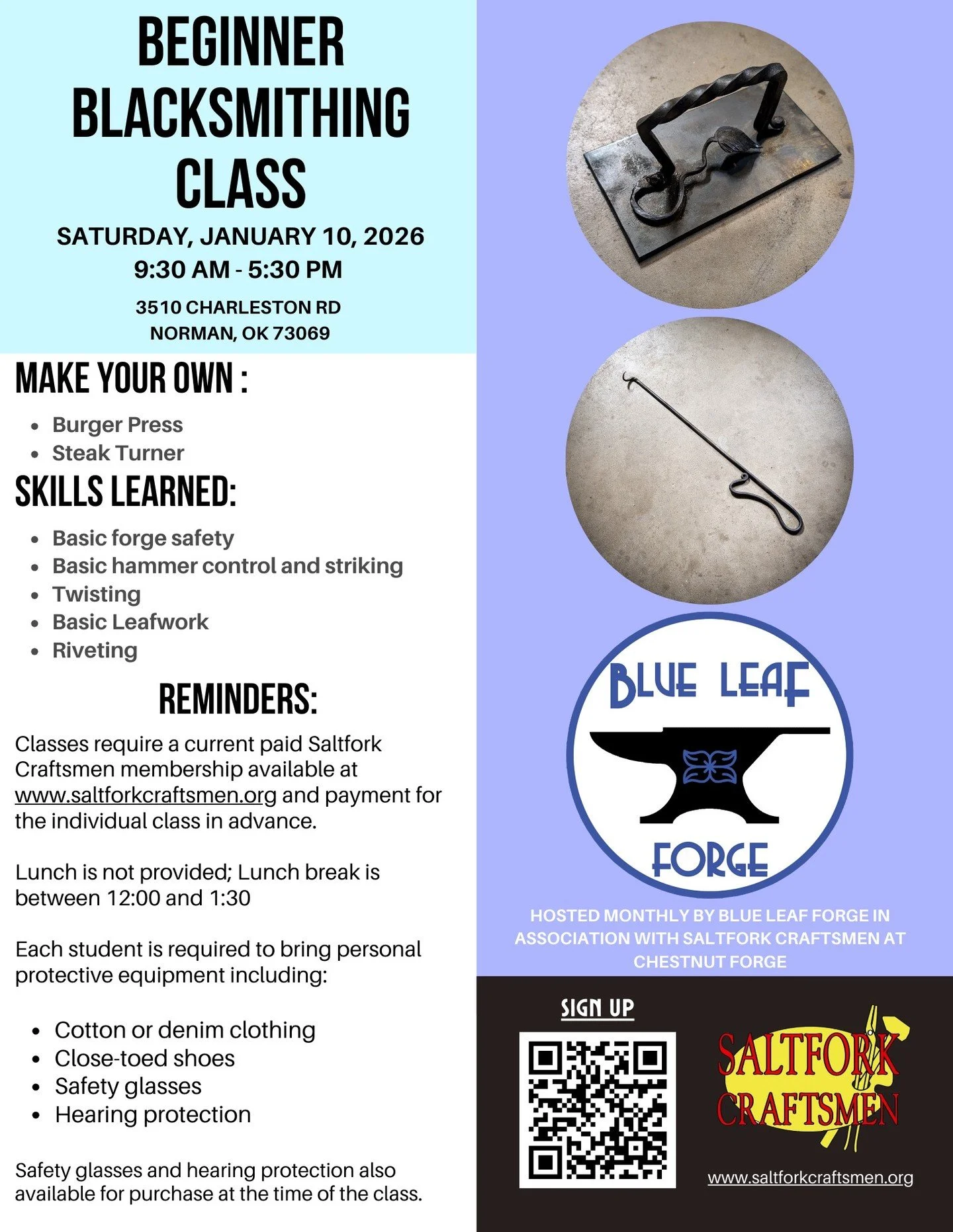 Beginner Blacksmithing Class
Join us at the forge for a hands-on introduction to foundational blacksmithing skills. In our January class, we&rsquo;ll be making burger presses and steak turners&mdash;practical projects that focus on drawing out, flatt