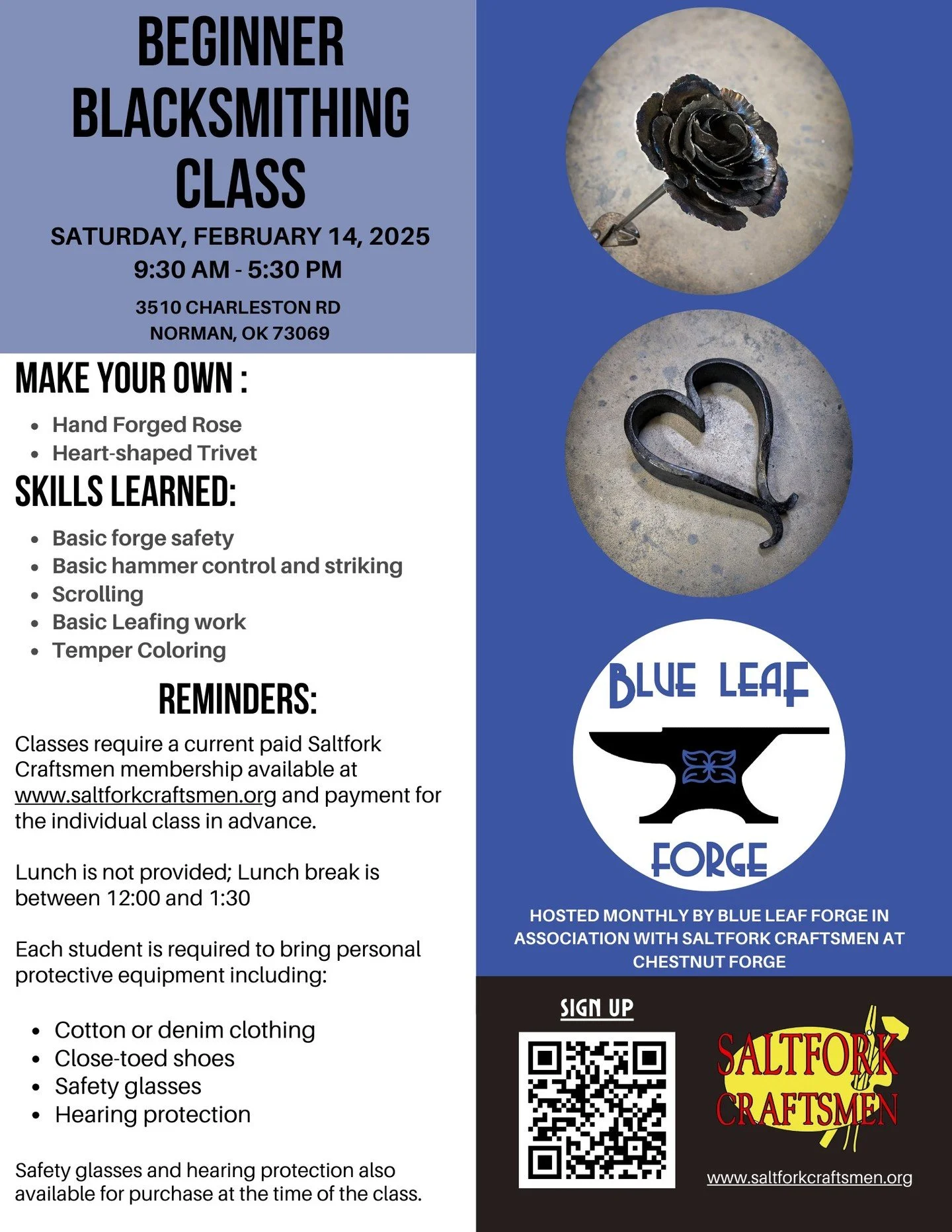 Beginner Blacksmithing Class
Join us at the forge for a hands-on introduction to foundational blacksmithing skills. In our February class, we&rsquo;ll be making a stacked rose and a heart trivet; two classic projects that focus on controlled tapering