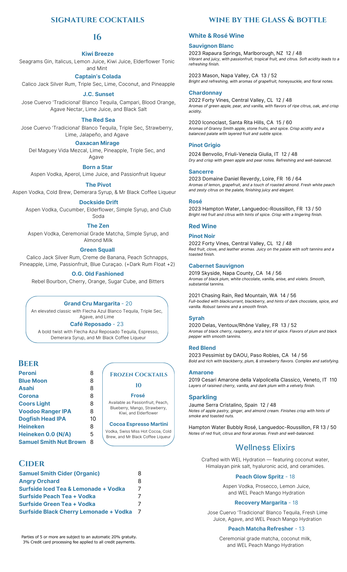 Blue Anchor menu with cocktails, beer, wine, and wellness drinks made with WEL hydration