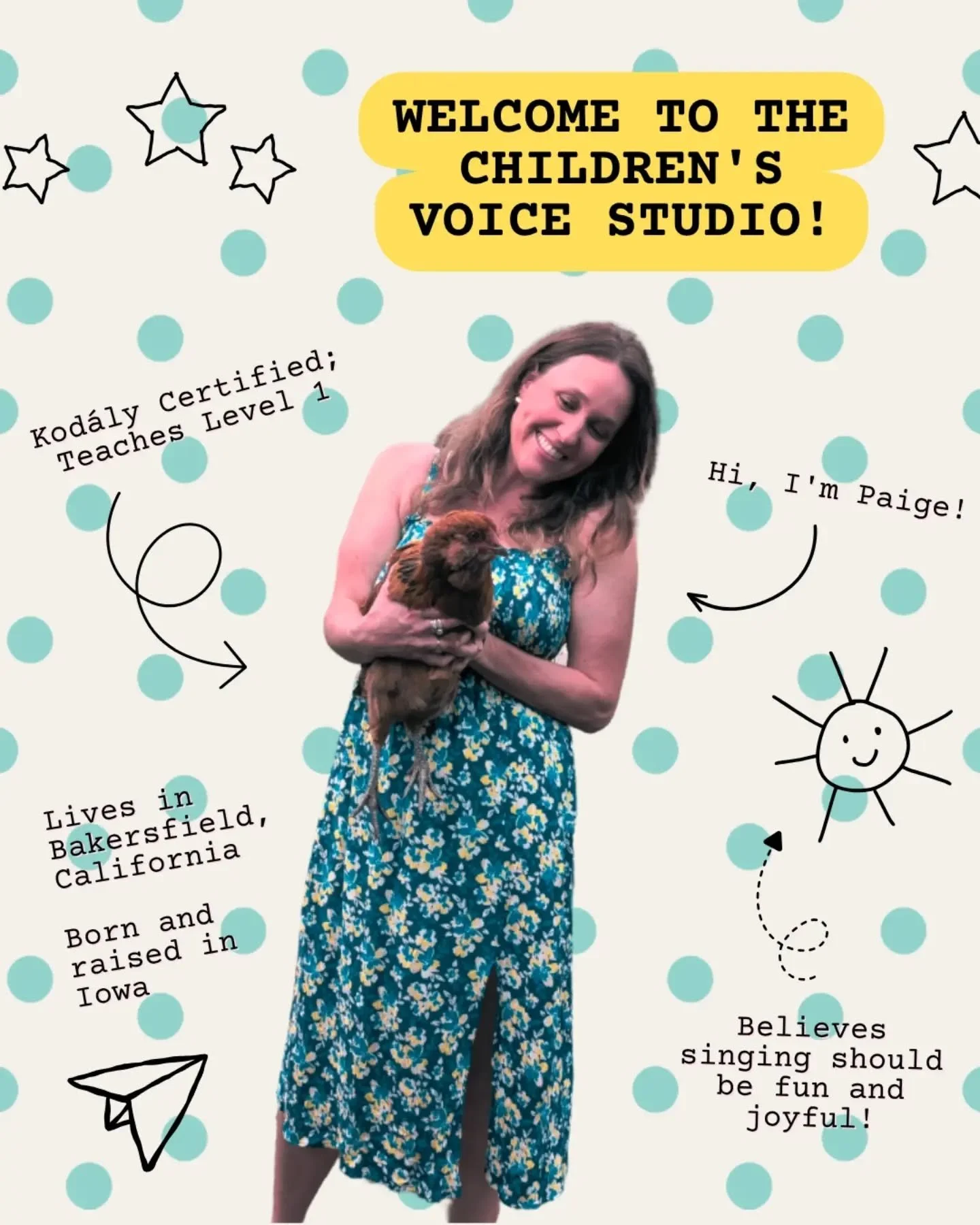 Hello, hello! 👋 My name is Paige, and I started The Children's Voice Studio in my home in 2018 with one group of 8 sweet kiddos. Now we offer group music and singing classes to hundreds of students each year in Bakersfield, CA! 🎶

Our studio classe