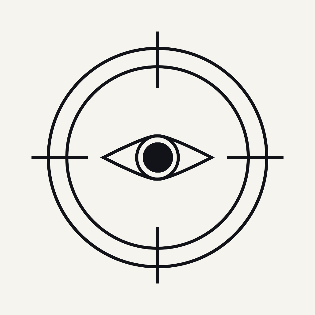 Drawing of a scope crosshair with an eye motif in the middle.
