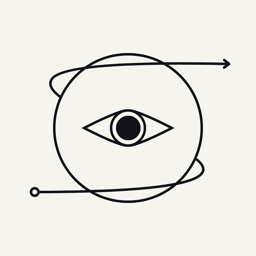 Illustration of a line orbiting a circle with an eye motif in the middle.