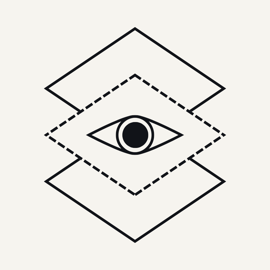 Illustration of stacked squares with an eye motif in the middle.