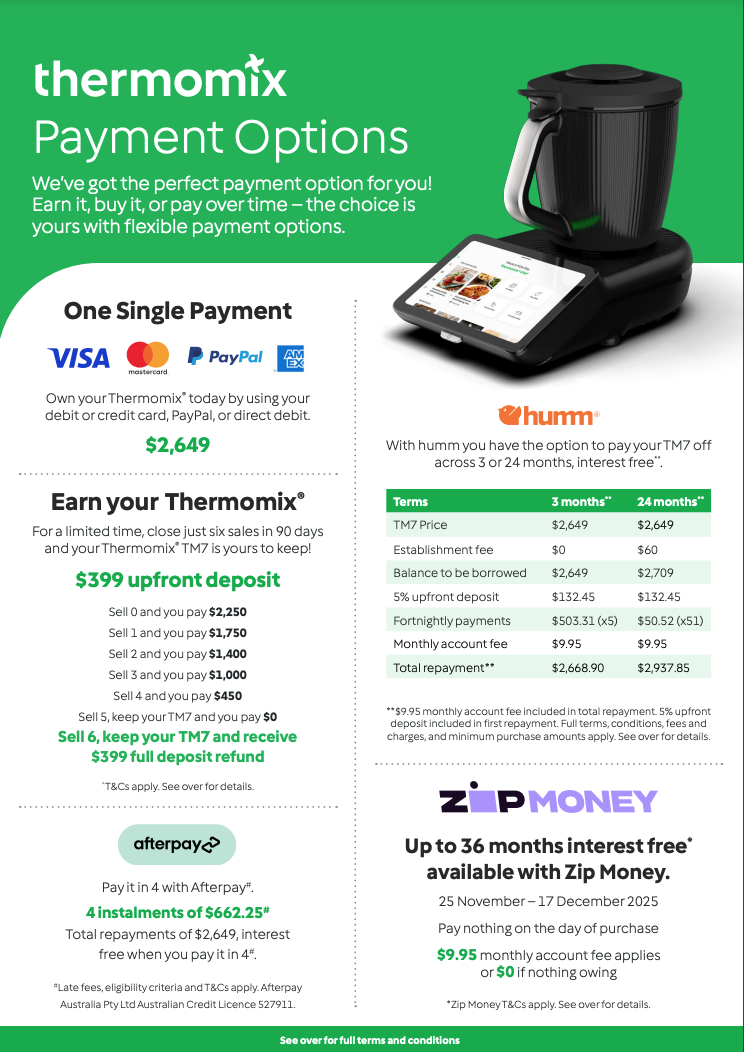 Advertisement for Thermomix payment options highlighting one-time payment of $2,649 with options to buy now or pay over time, including payment plans with Zip Money and Afterpay.