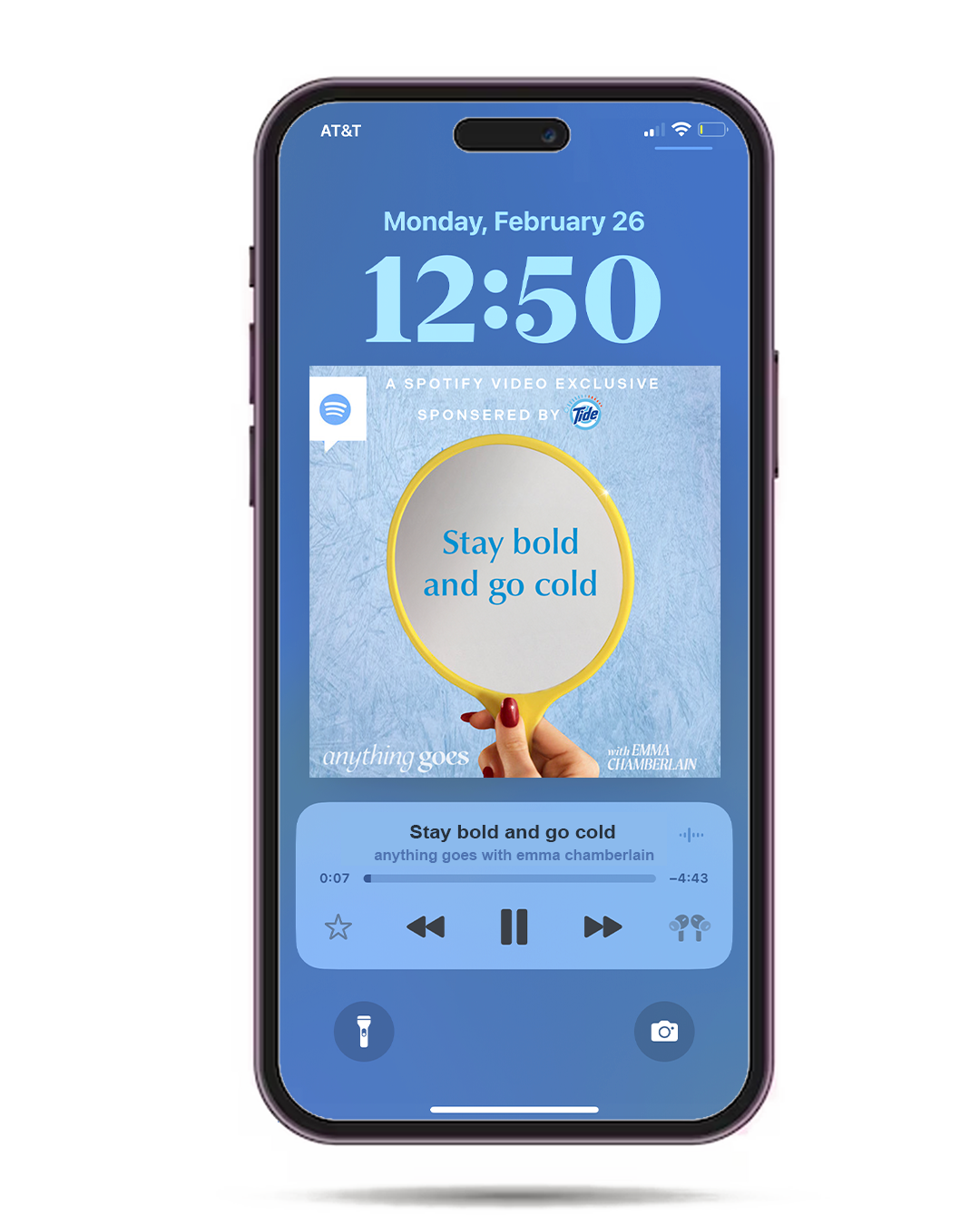 A sponsored episode from Emma Chamberlain’s podcast “Anything Goes,” featuring the message “Stay Bold and Go Cold.”