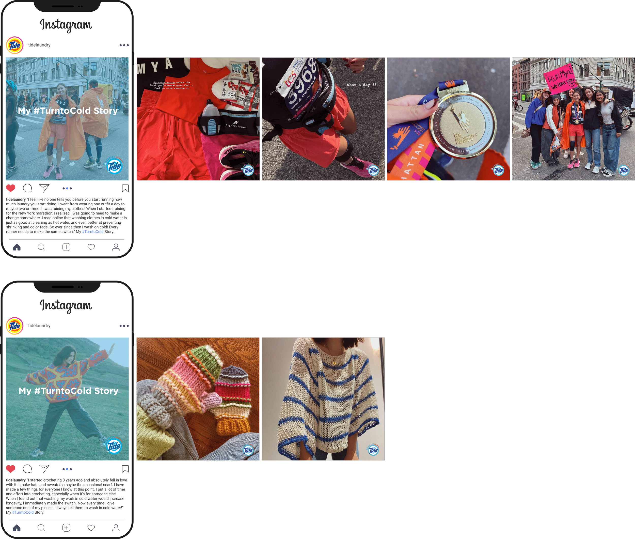 Tide’s #TurnToCold Stories campaign, where everyday creators share why they wash cold — from marathoners preserving race gear to crocheters keeping handmade pieces alive.