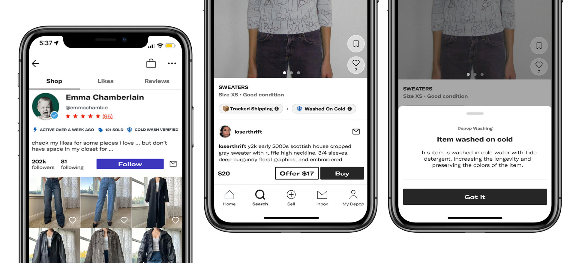 Extended Depop mockup highlighting how verified cold-washed garments could stand out in search results and build shopper trust.