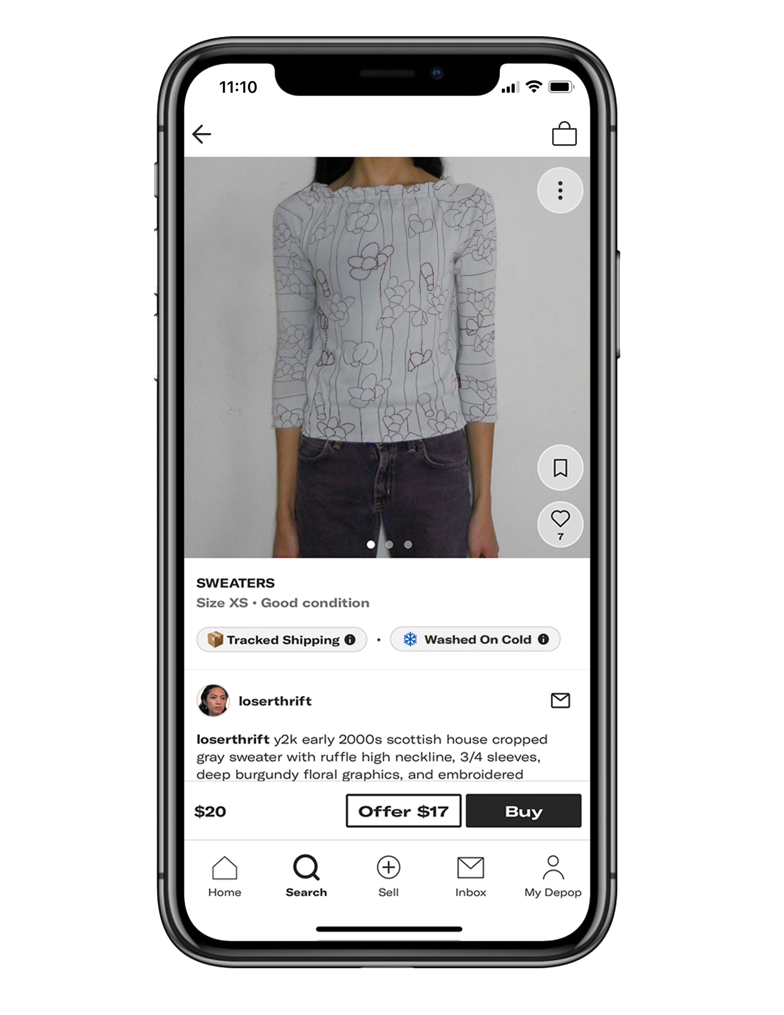 Depop listing showing a “Washed on Cold” verification badge — rewarding sellers who care for their clothes sustainably.