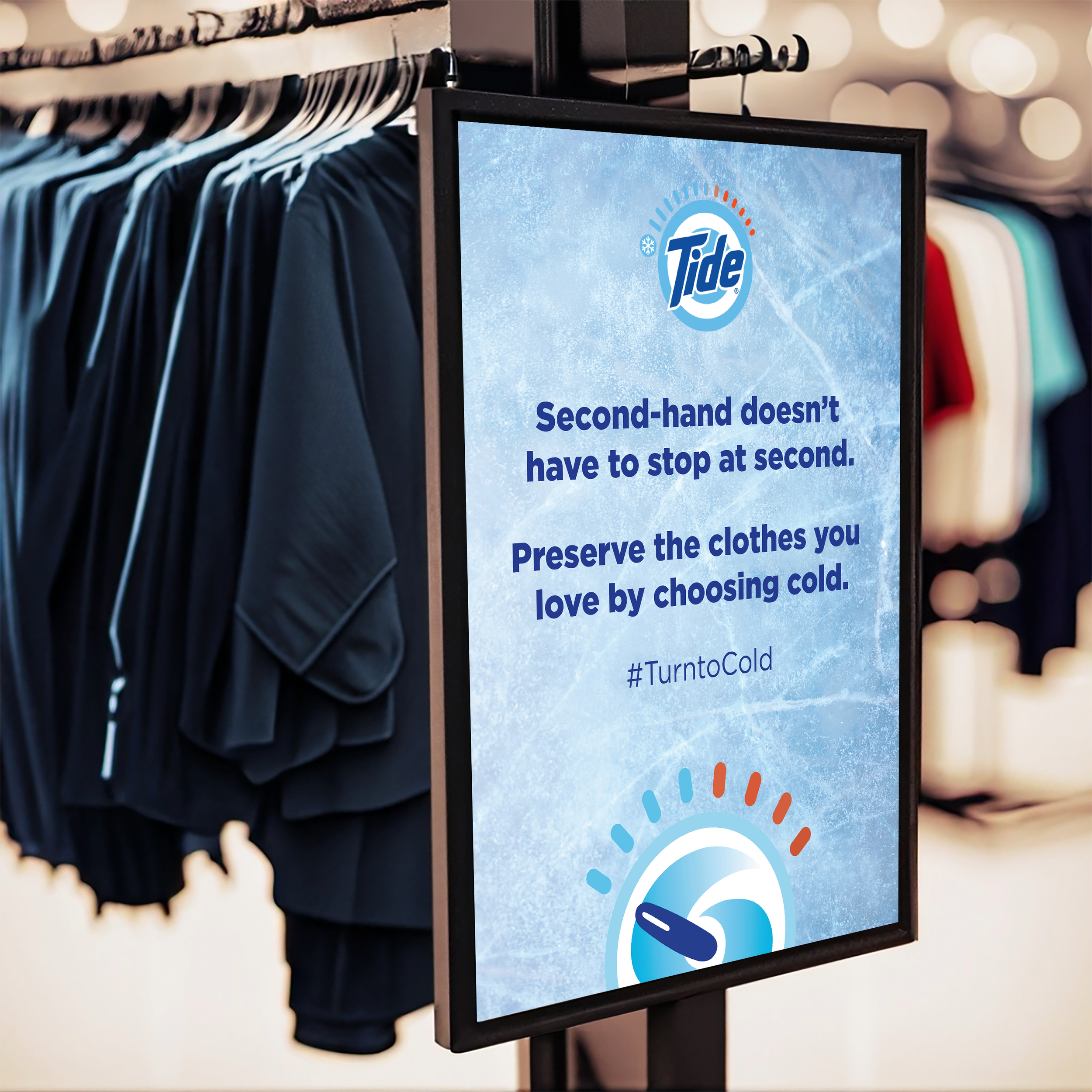 In-store signage for Goodwill partnership — reminding shoppers that “secondhand doesn’t have to stop at second” and encouraging cold-water washing to preserve their favorite finds.