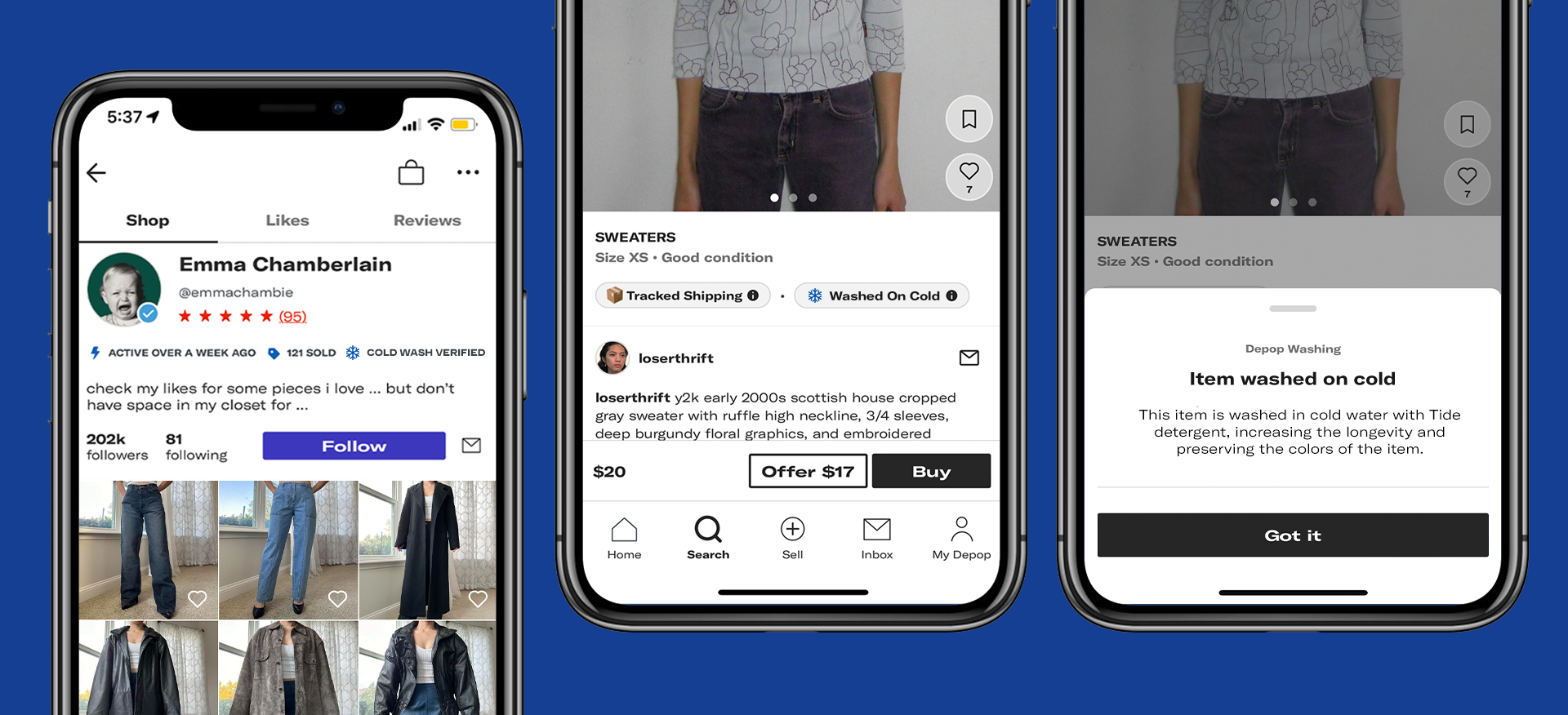 Integration concept visualizing how the badge could appear in Depop’s interface alongside seller details and product listings.