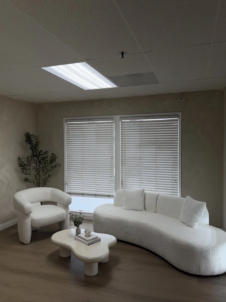 Minimalist waiting room at Skin&Soul's Corrective Studio