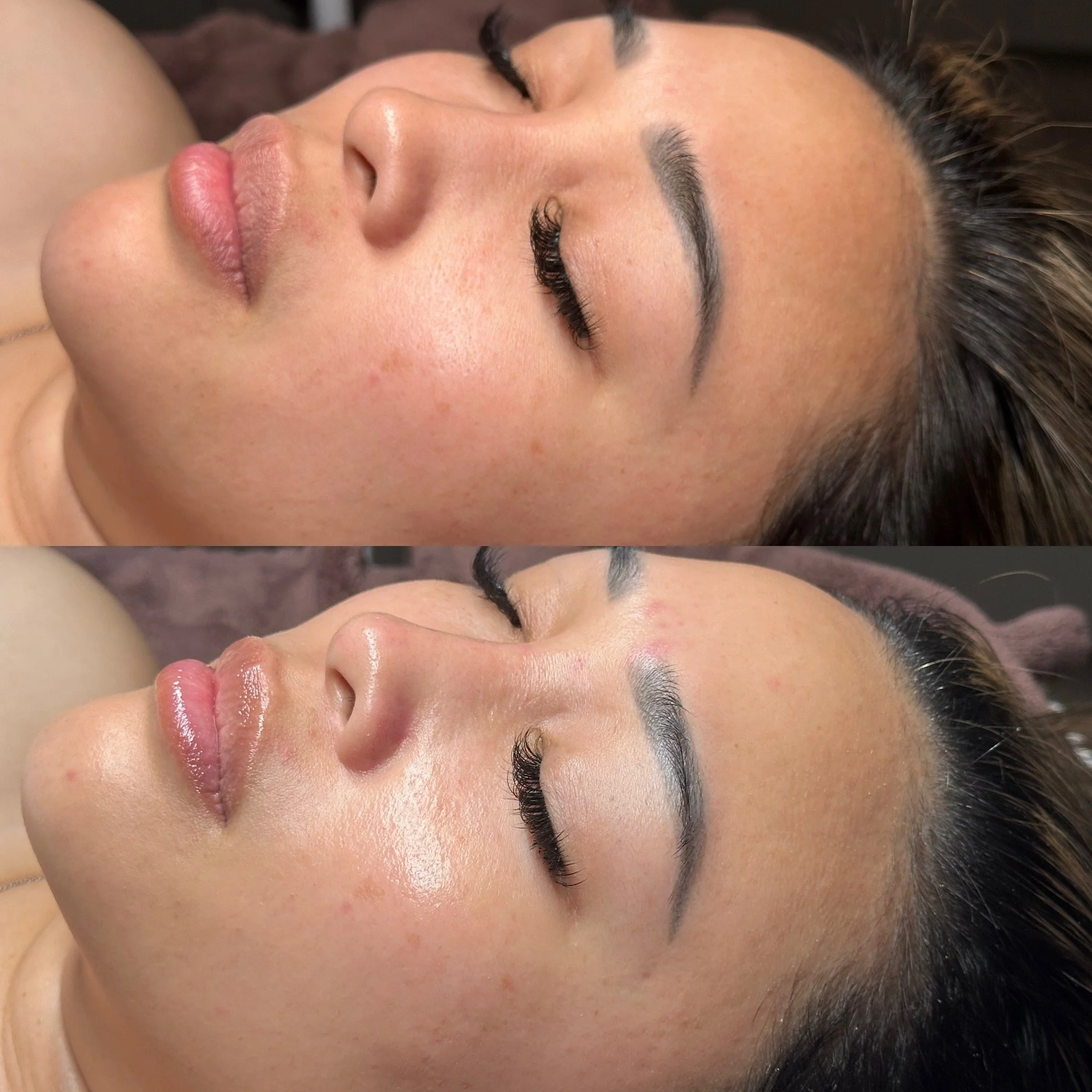 Close-up of a woman with closed eyes, wearing long eyelashes and natural makeup, lying down with her face turned to the side.