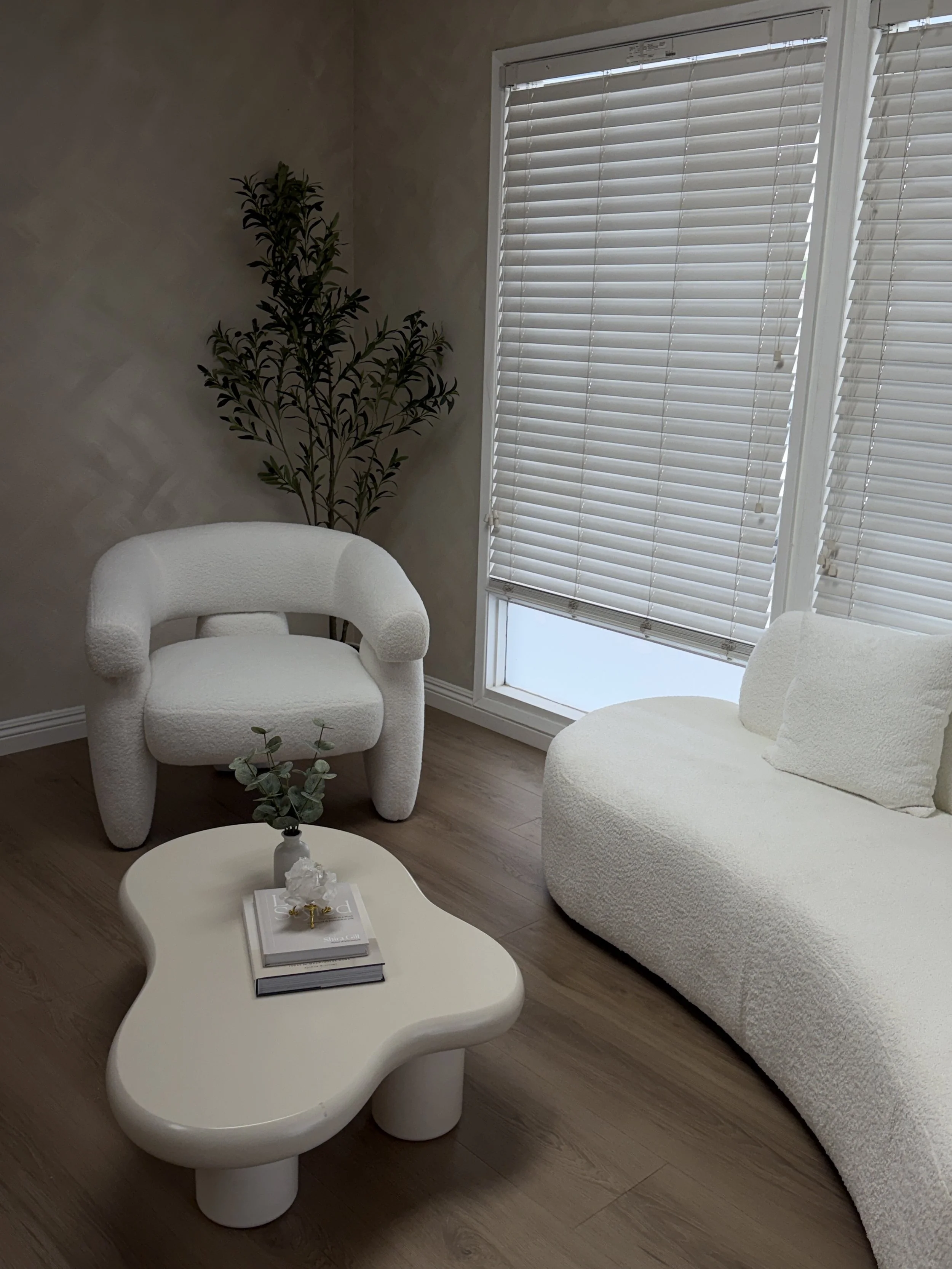 A cozy indoor space with two white plush armchairs, a matching curved ottoman, a small white coffee table with books and decorative items, a tall houseplant in the corner, and large windows with white blinds allowing natural light.