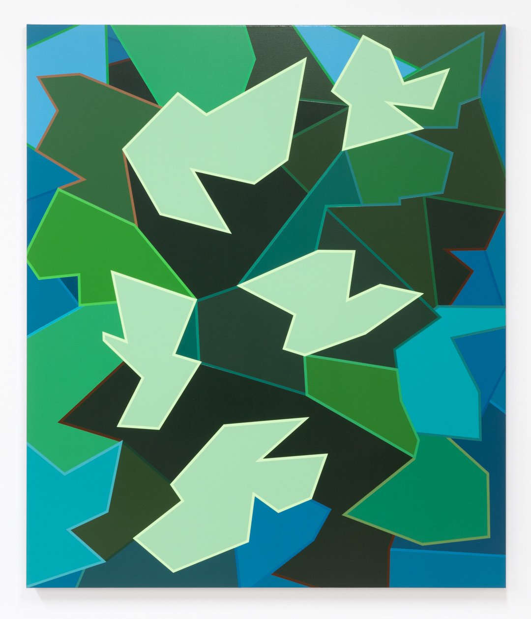 An abstract geometric painting with triangular and polygonal shapes in shades of green and blue.