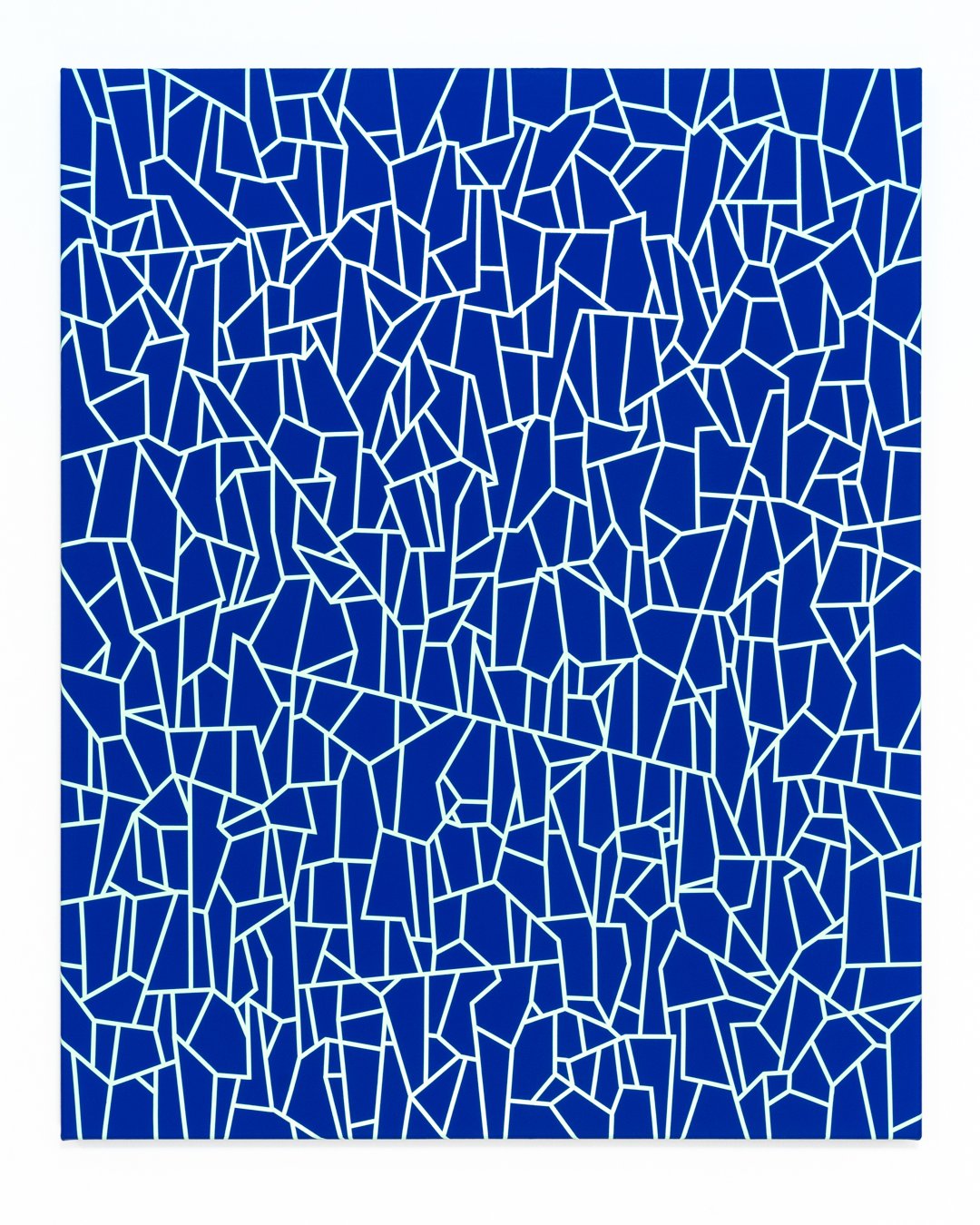 An abstract geometric painting with triangular and polygonal shapes in deep cobalt blue.