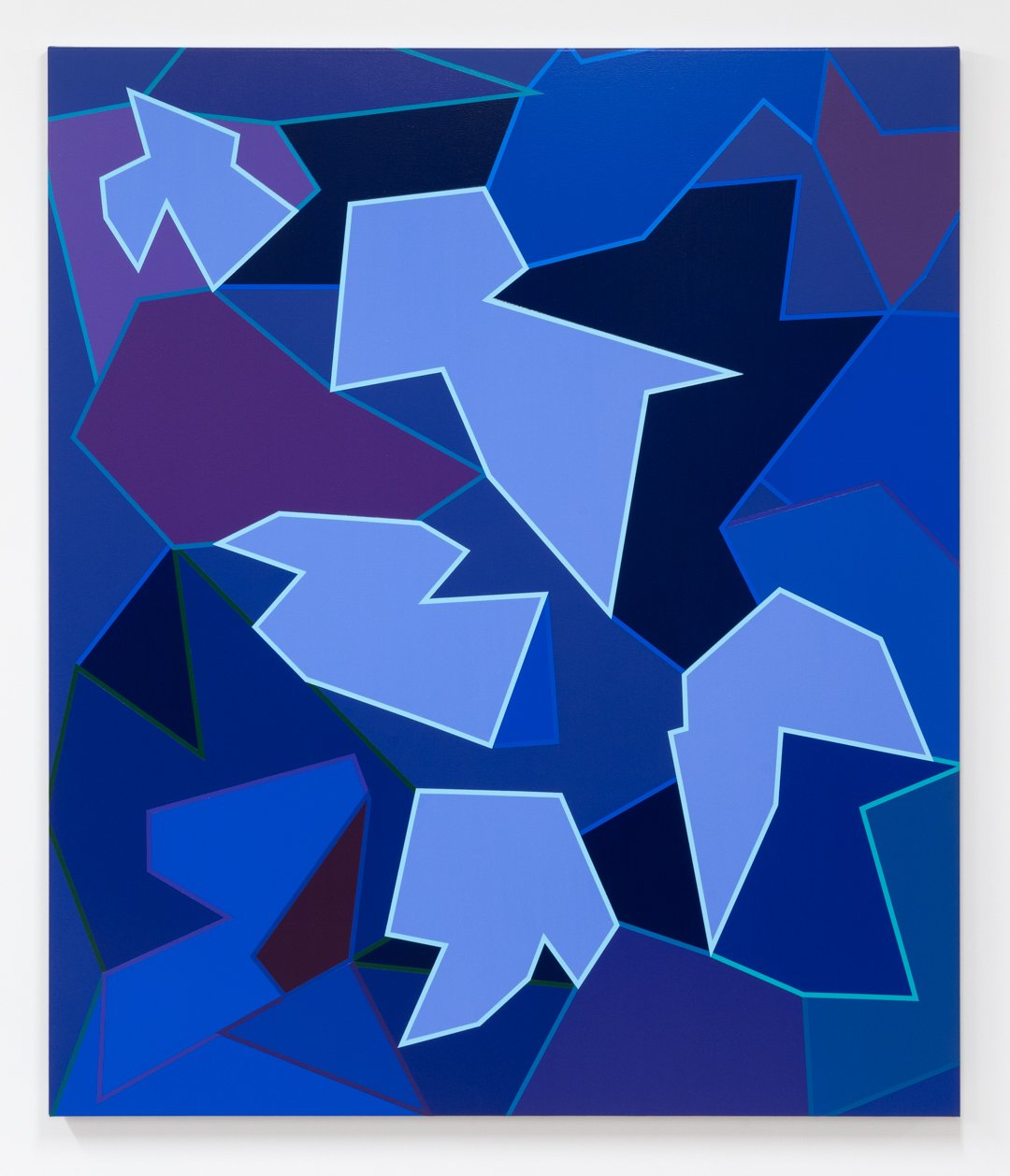 An abstract geometric painting with triangular and polygonal shapes in shades of purple and blue.
